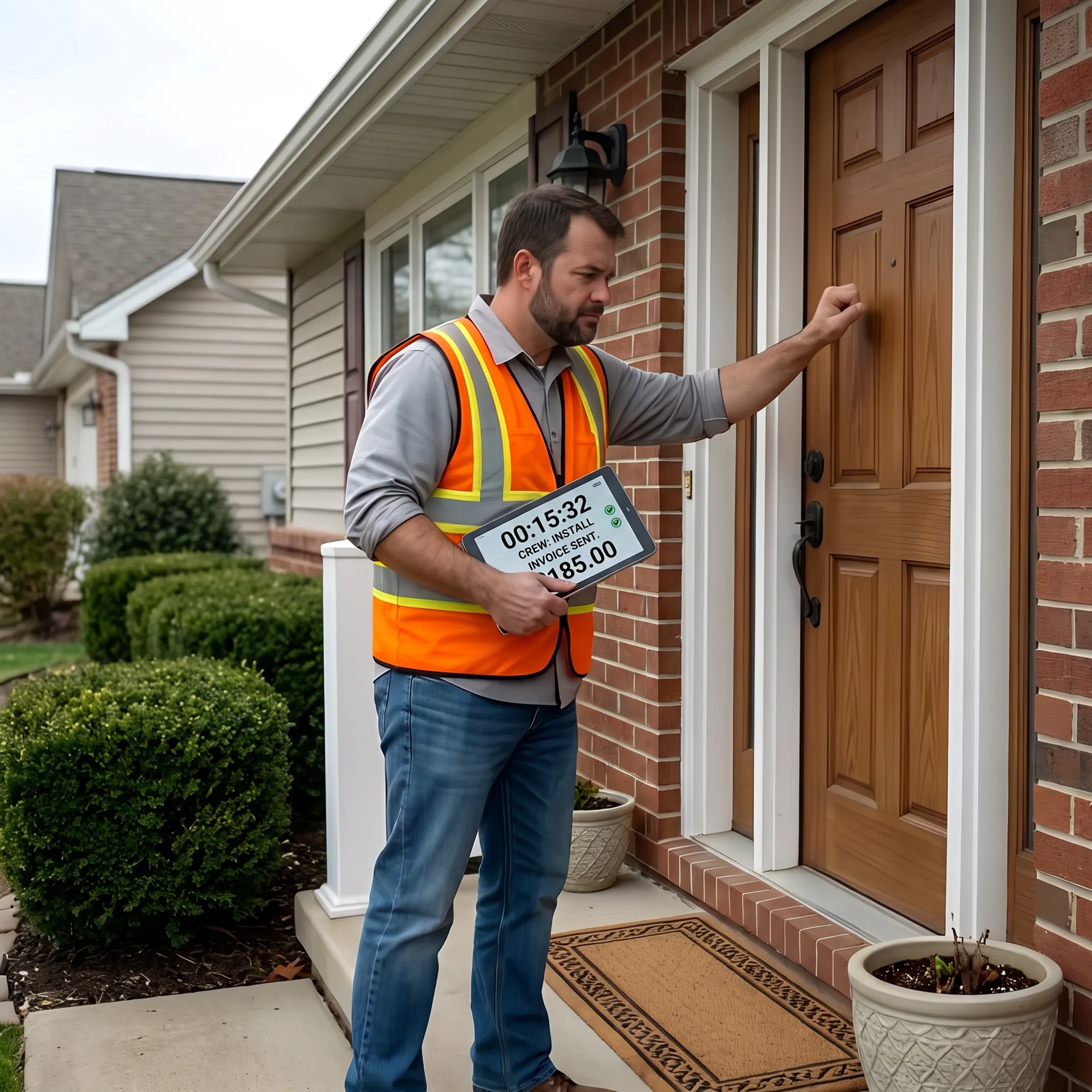 Field service crew member tracking time and creating an invoice on a mobile device