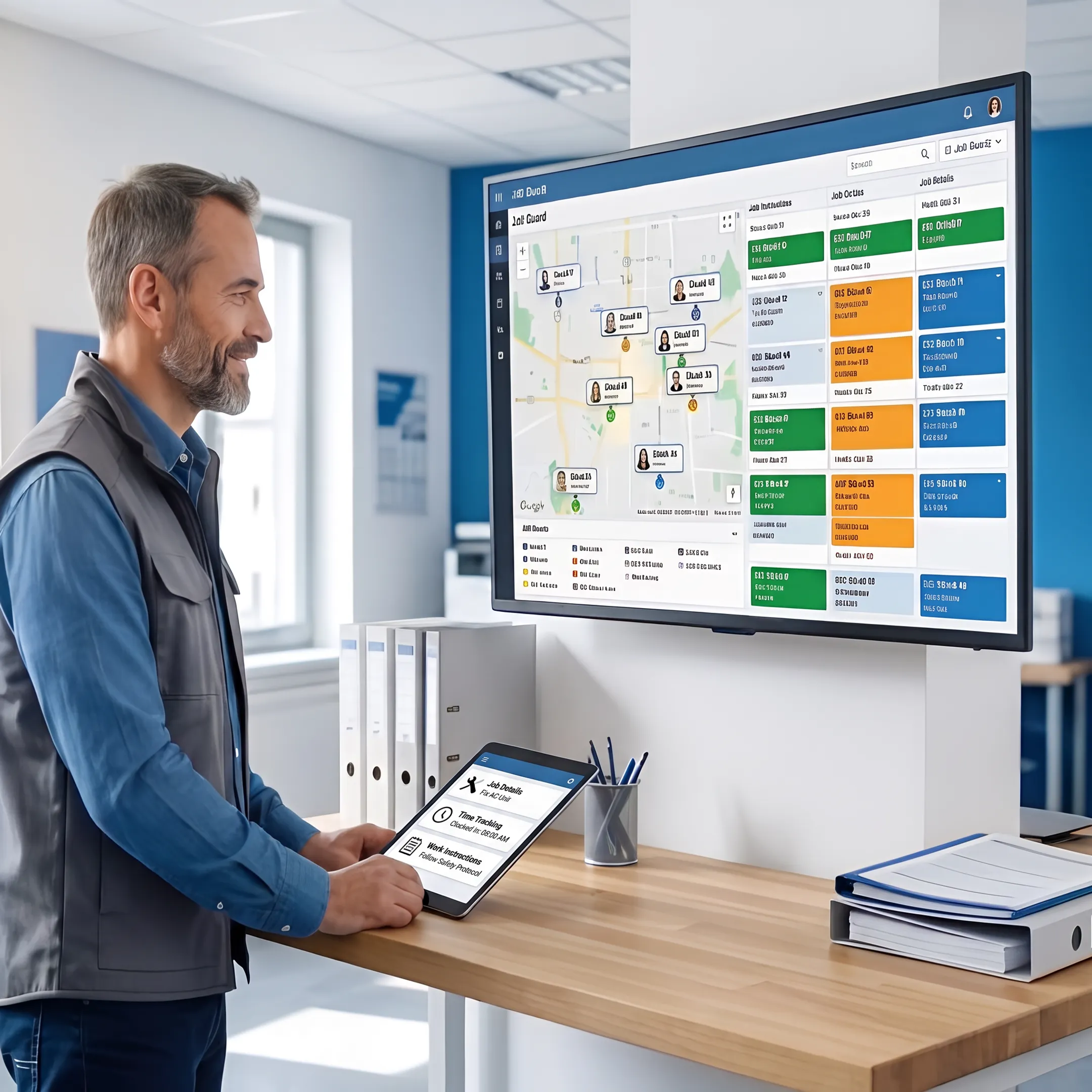Field crew using mobile workforce management software at a job site
