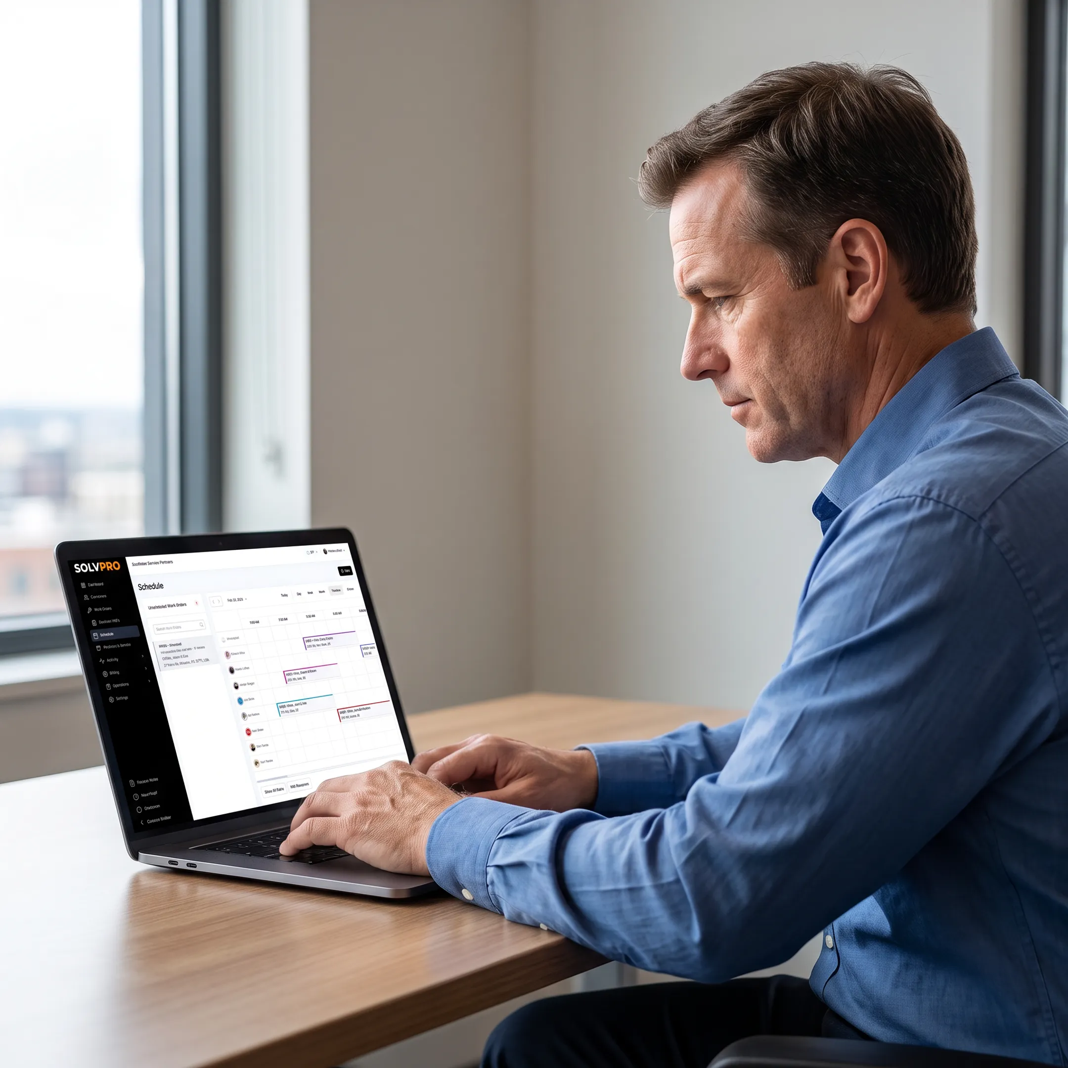 Field service manager reviewing workforce schedules and job assignments on software