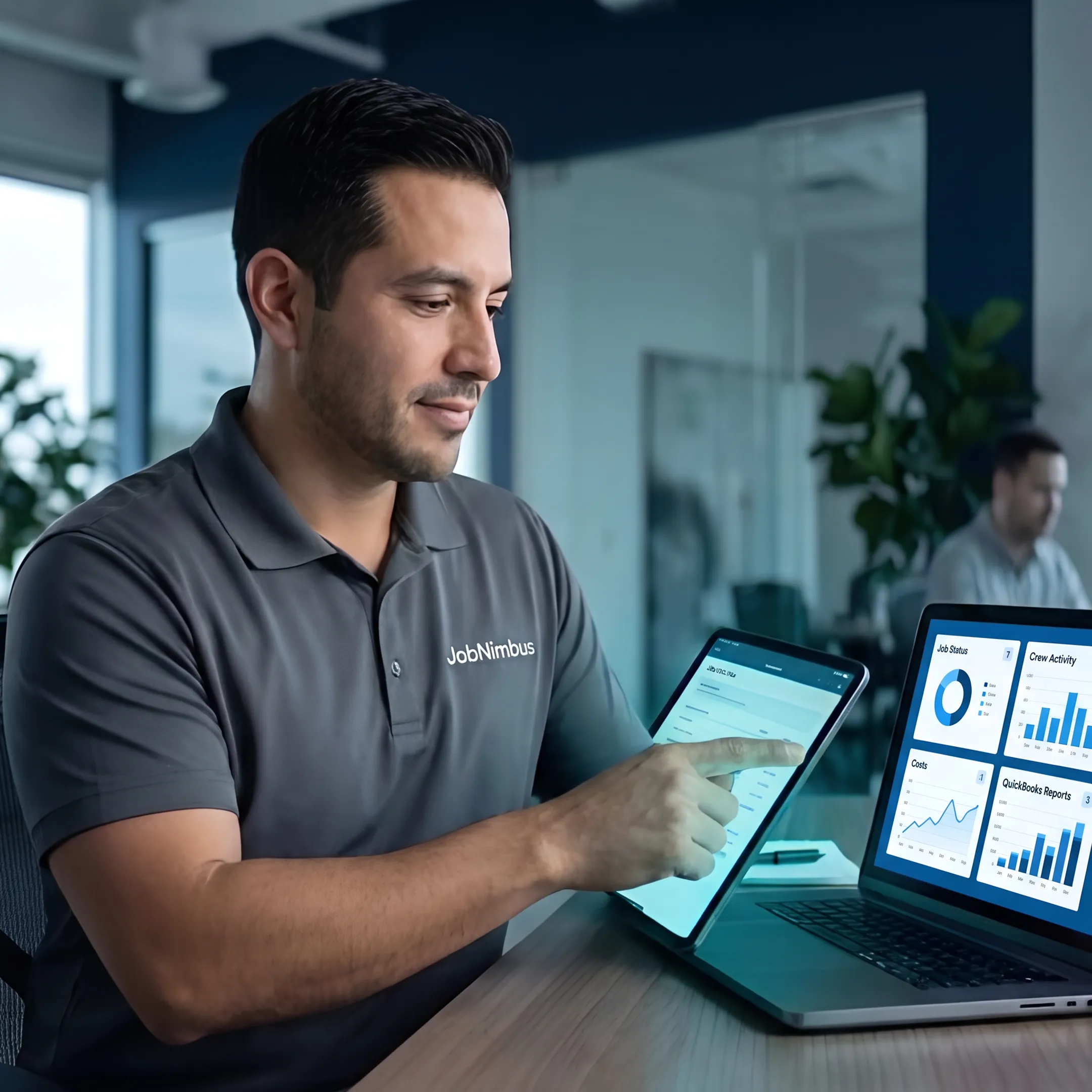 Field service manager reviewing job tracking software with QuickBooks integration