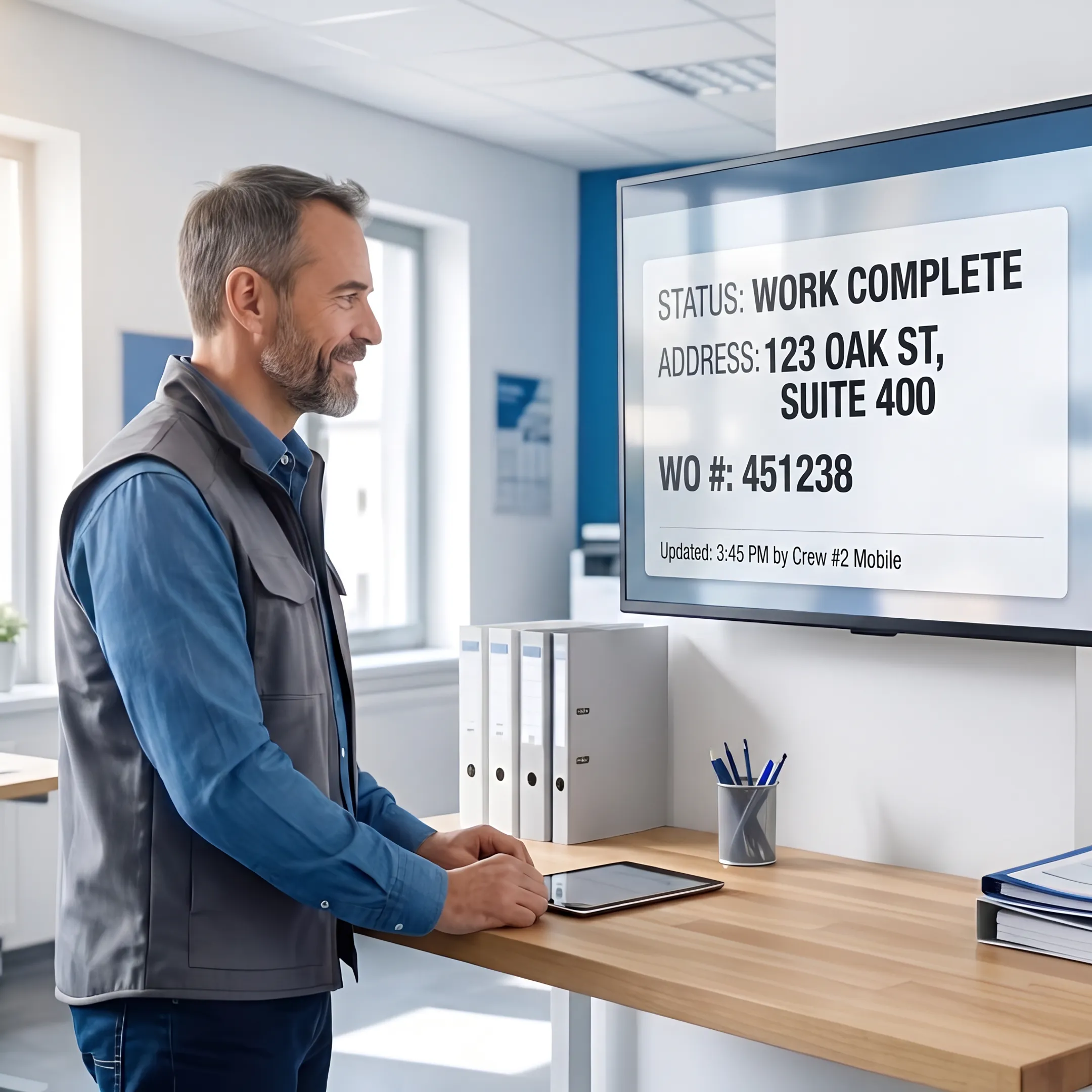 Field crew using mobile software while office manager reviews job progress