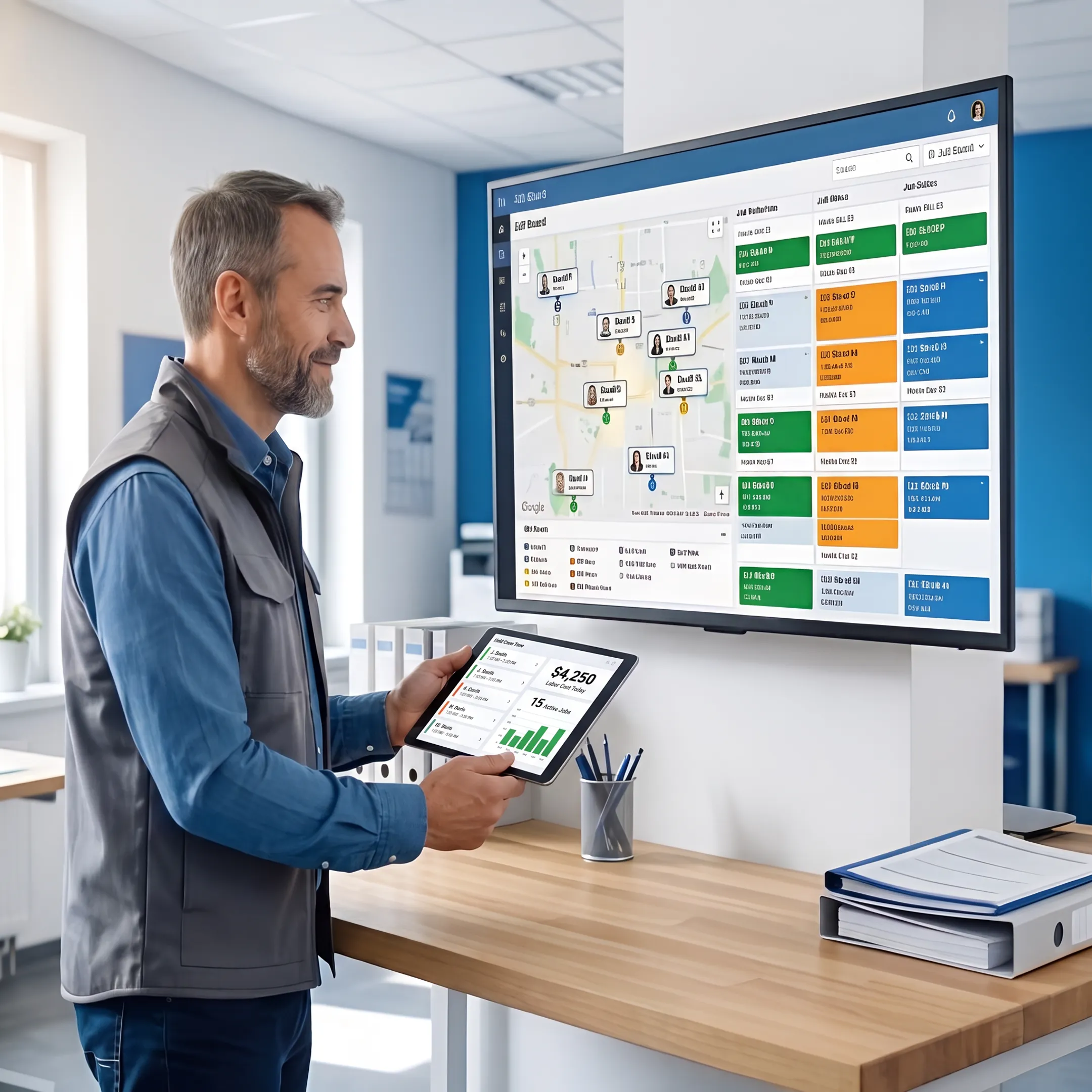 Manager reviewing employee hours and job labor data