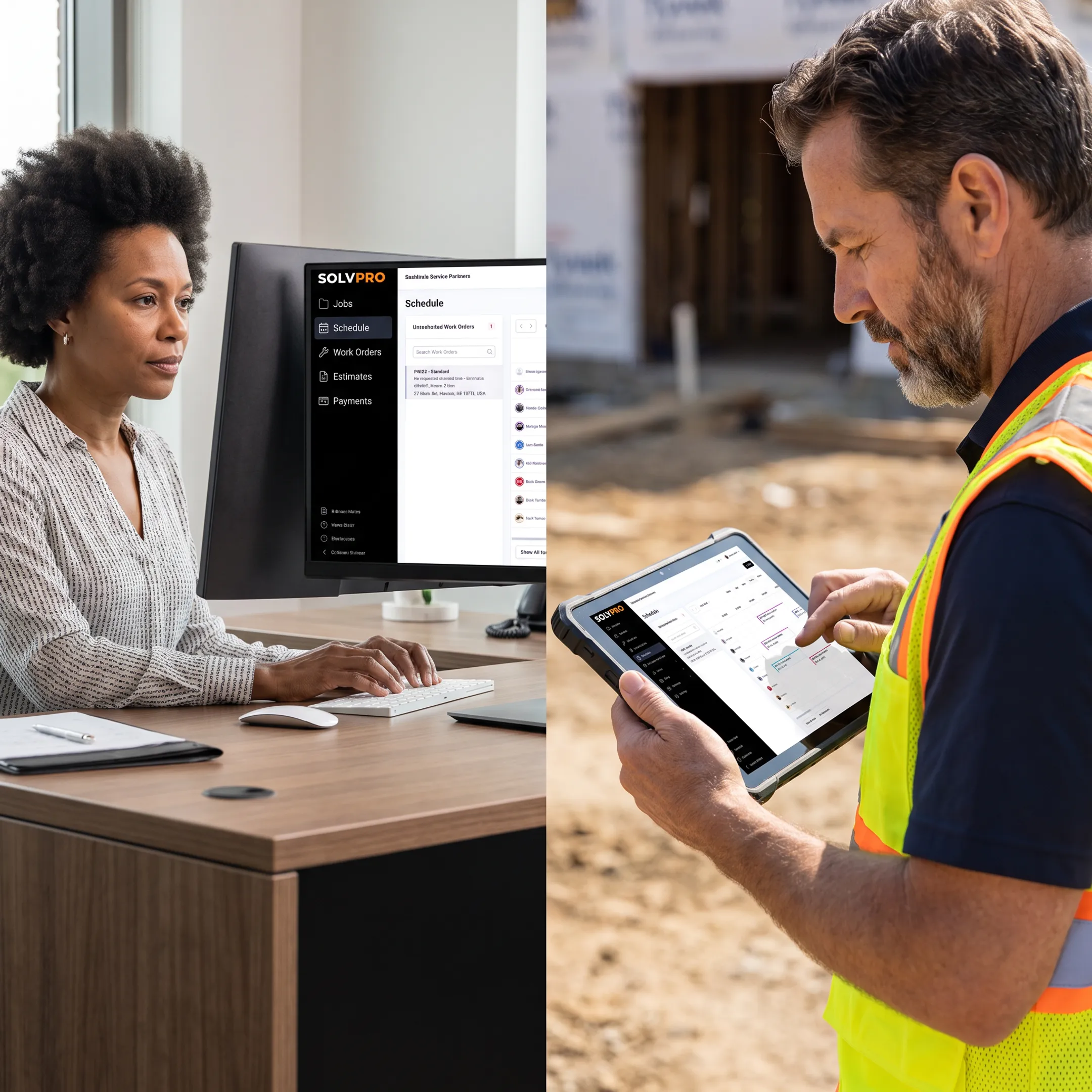 Office and field teams coordinating client jobs through software