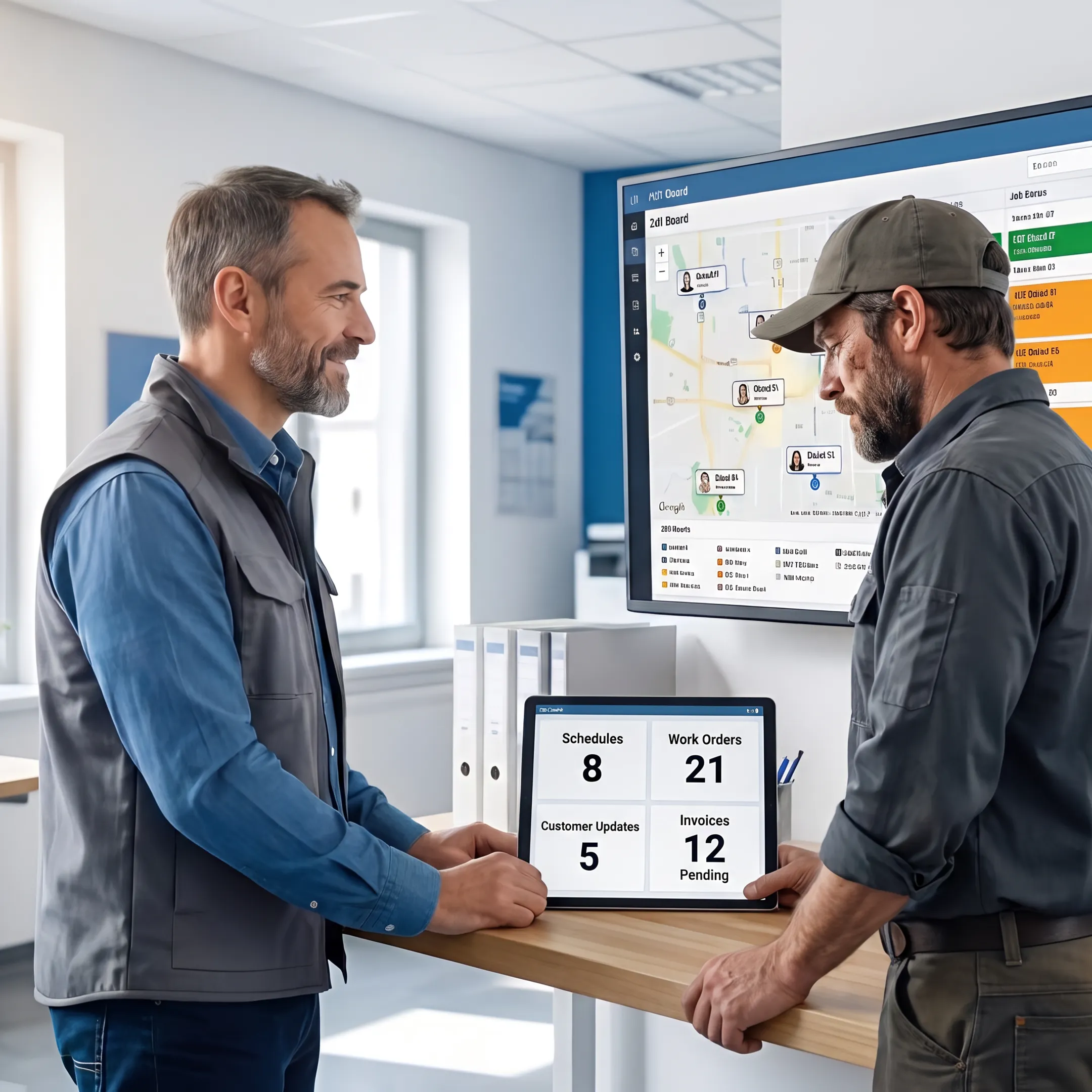 Office and field teams coordinating contract work in connected software