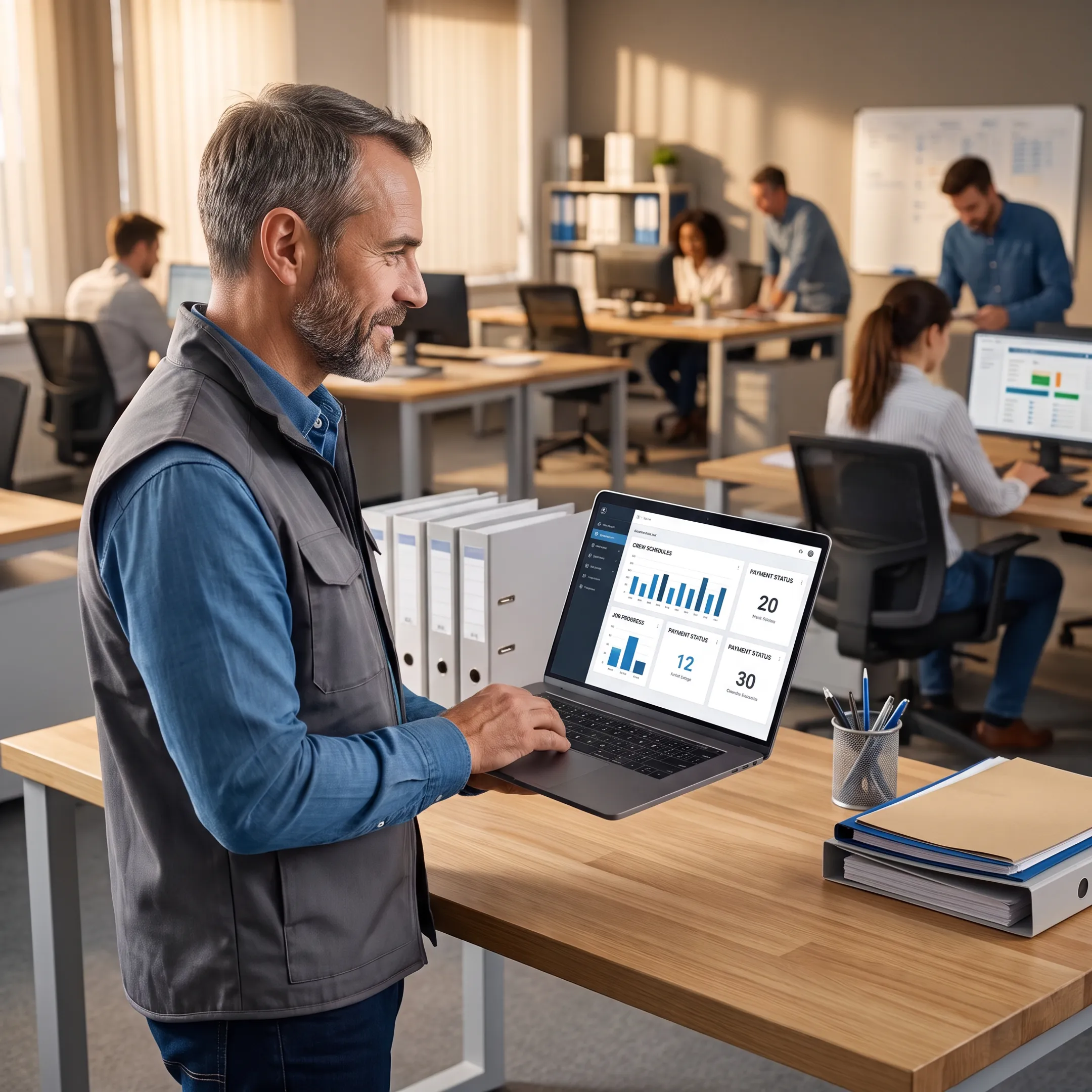 Landscaping manager reviewing connected job software