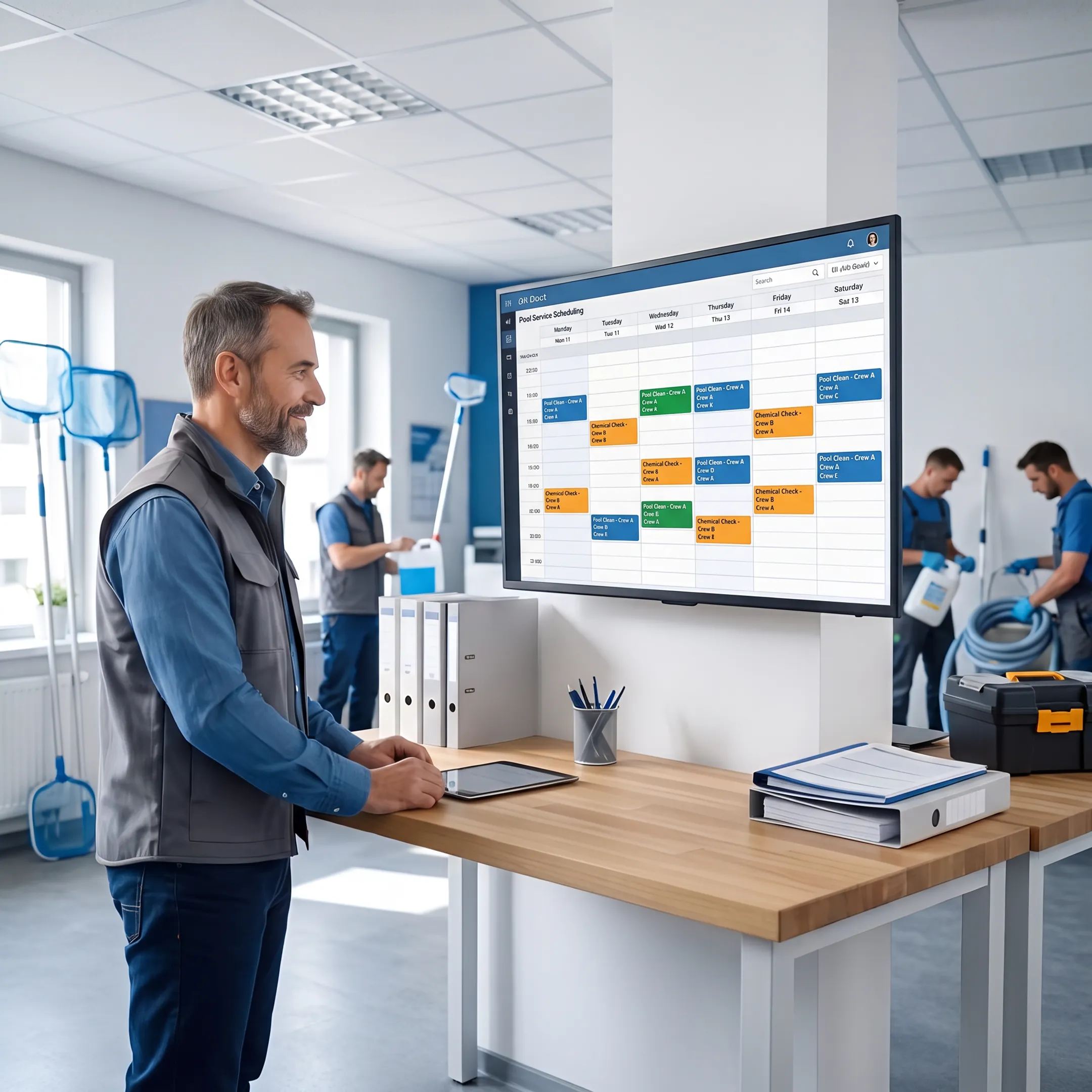 Pool service manager scheduling field crews on software