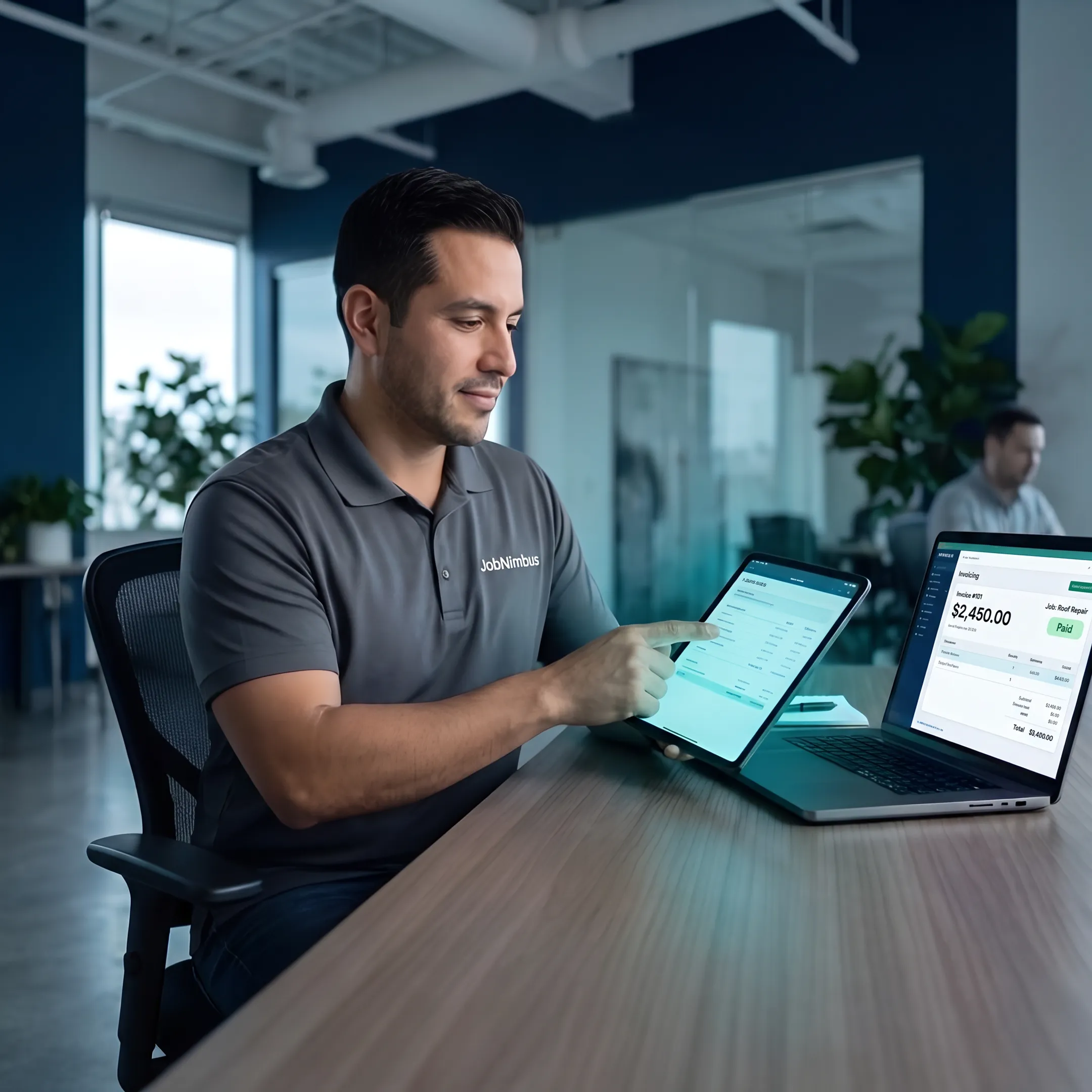 Service business owner creating an invoice on a laptop beside field work documents