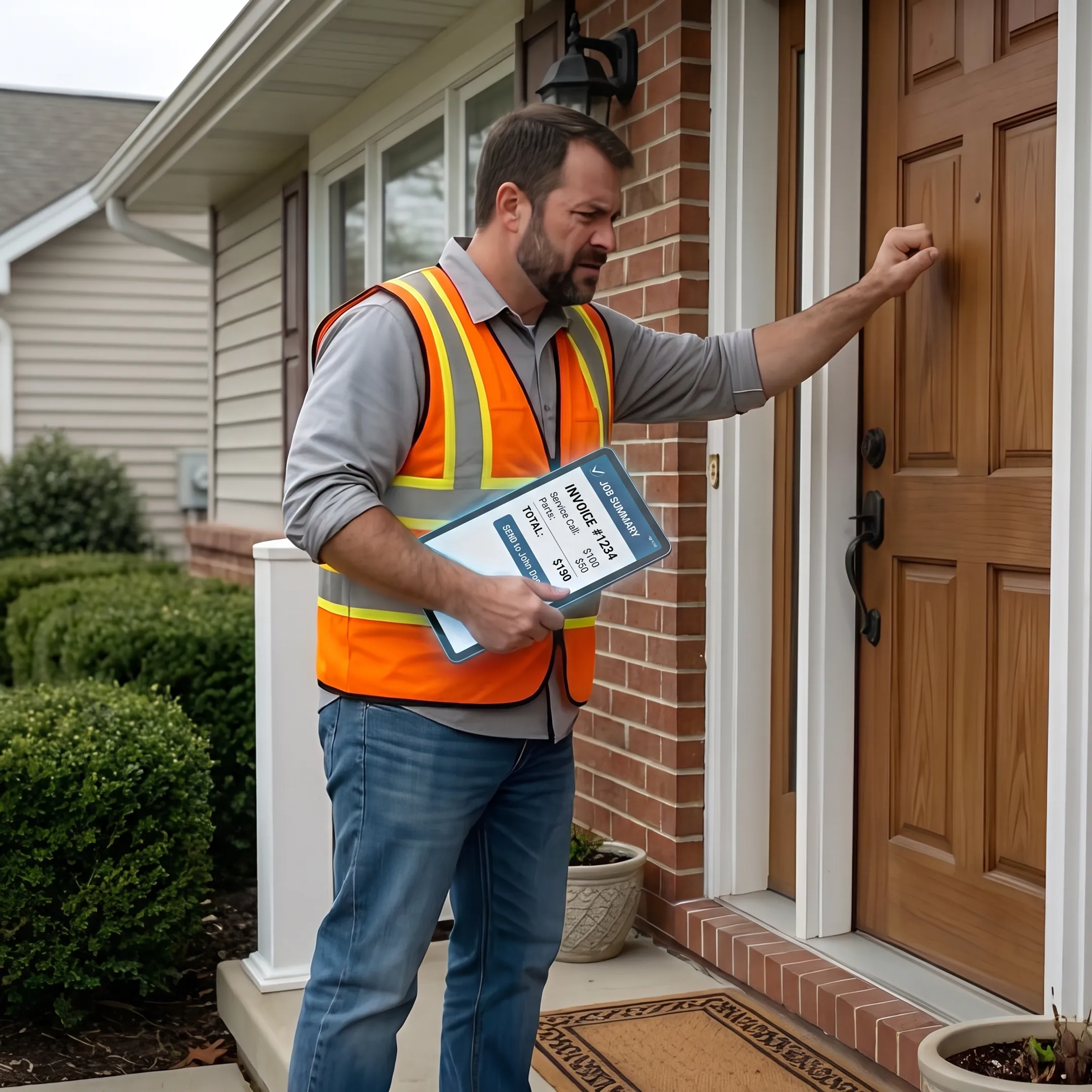 Field service worker sending an invoice from a mobile device