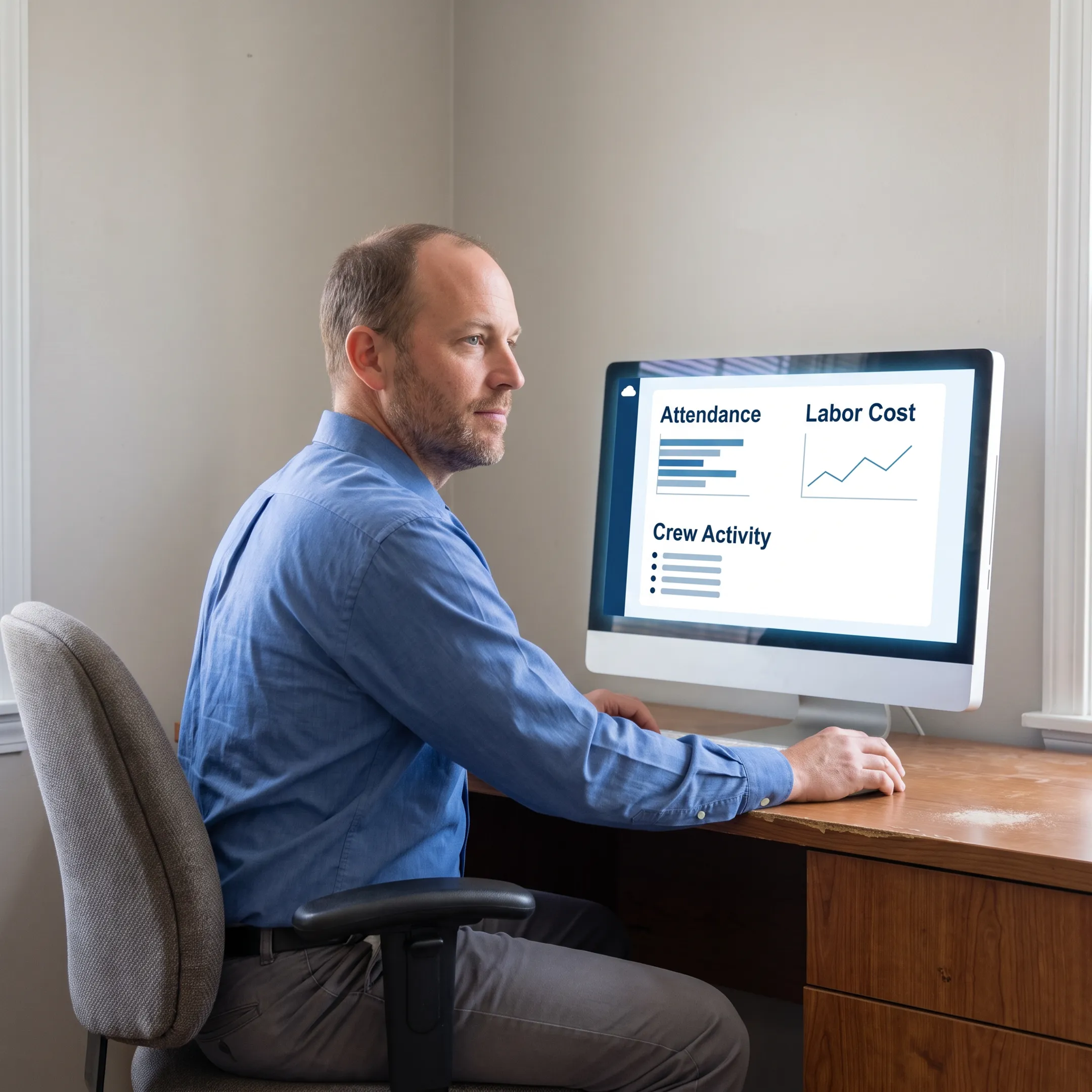 Manager reviewing cloud time tracking and labor data
