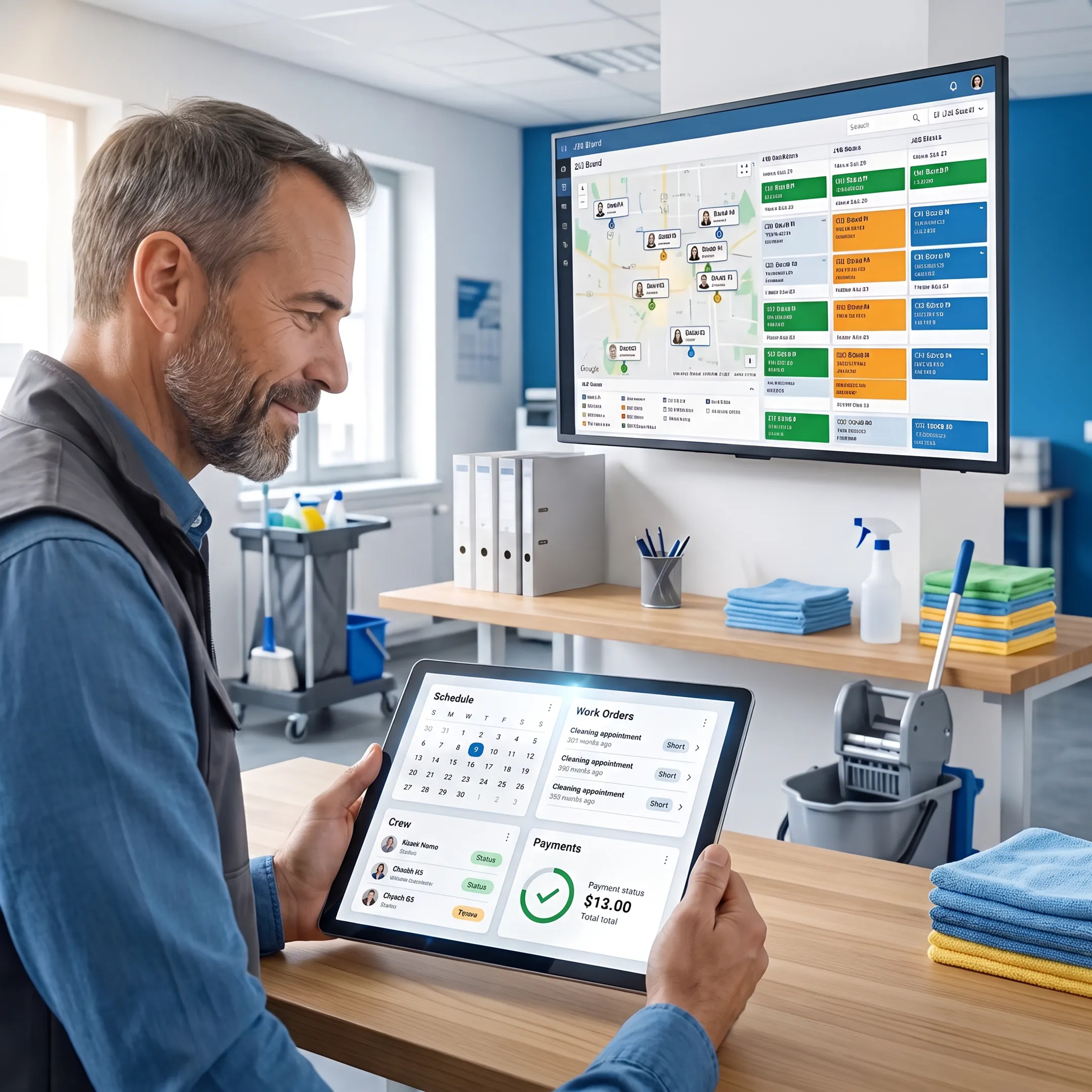 Cleaning business manager reviewing jobs and crew schedules on software