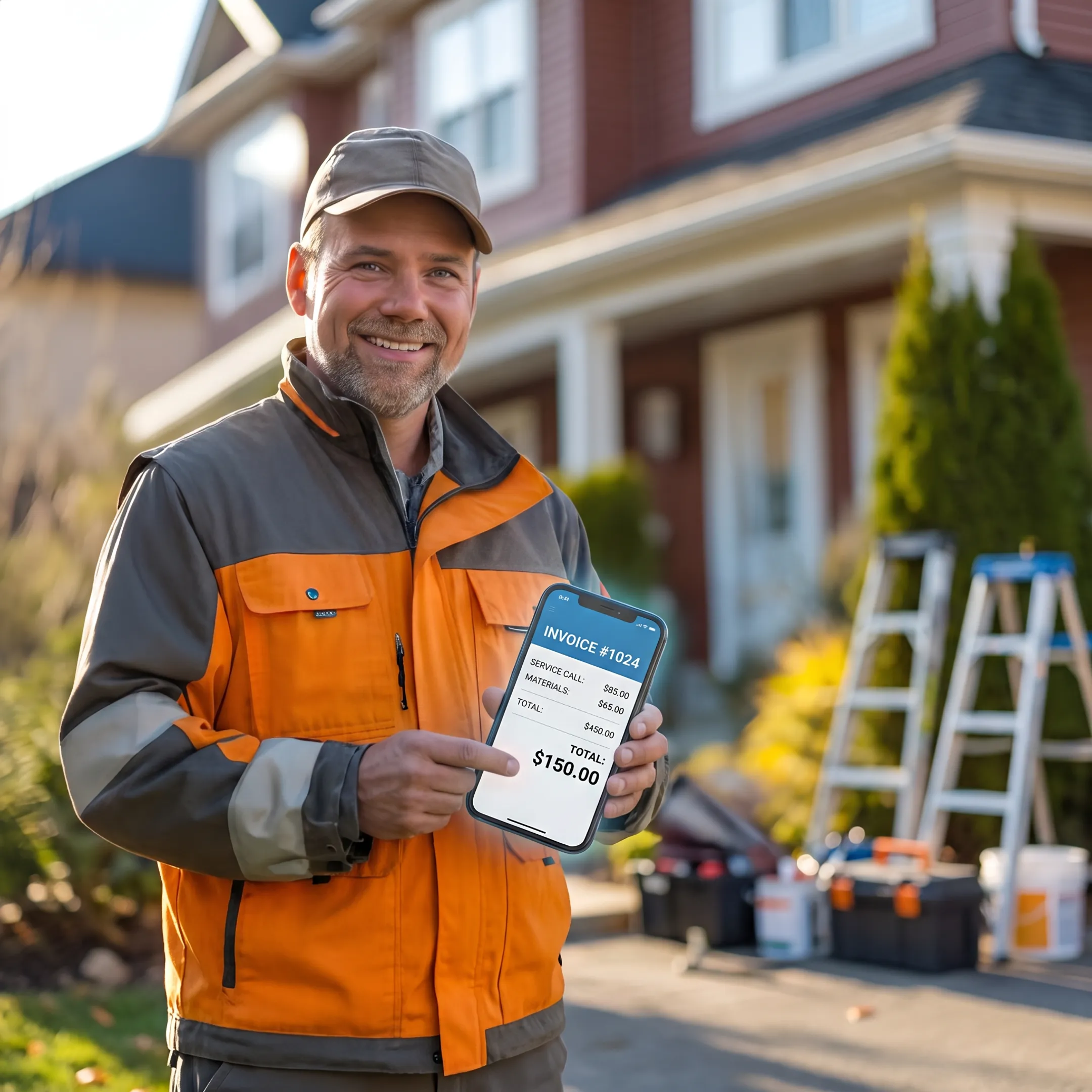 Service crew member sending an invoice from a mobile app