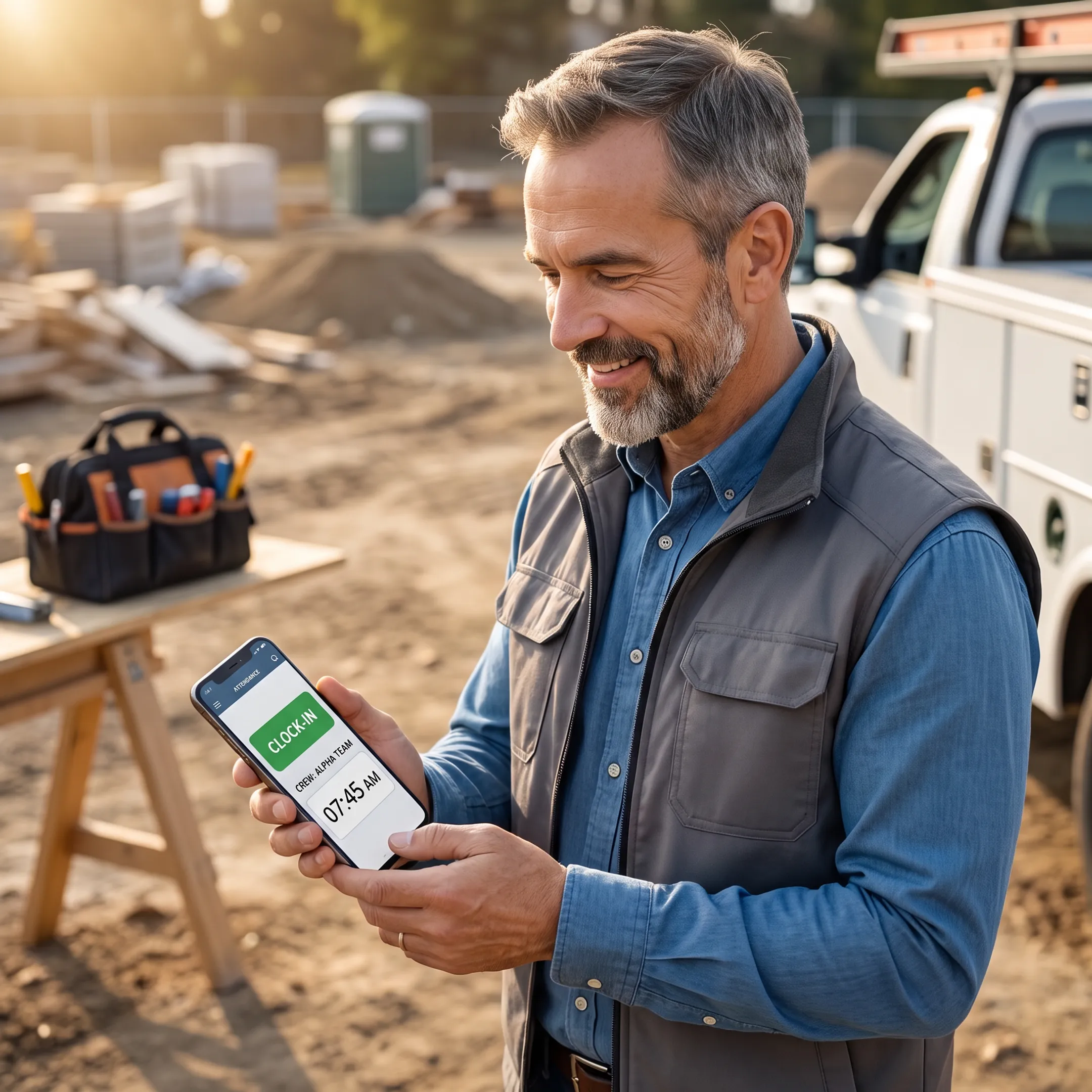 Field crew member recording attendance on a mobile app
