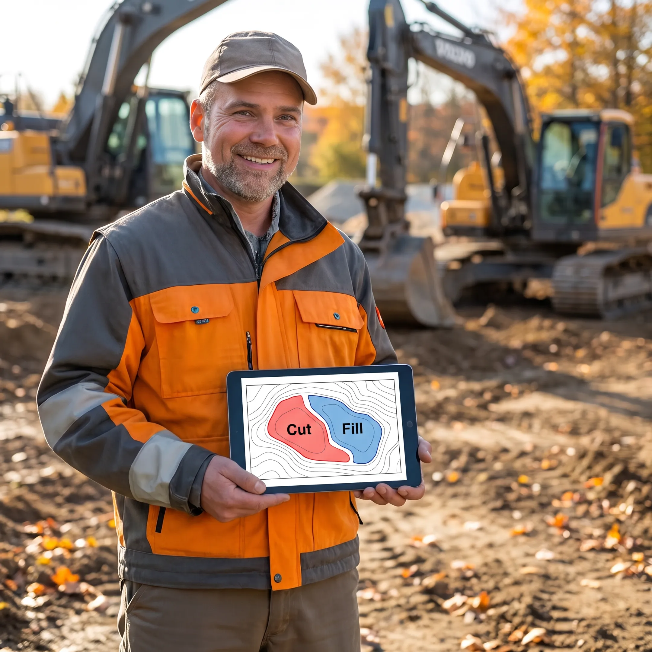 Earthwork estimator reviewing digital project plans at an excavation job site