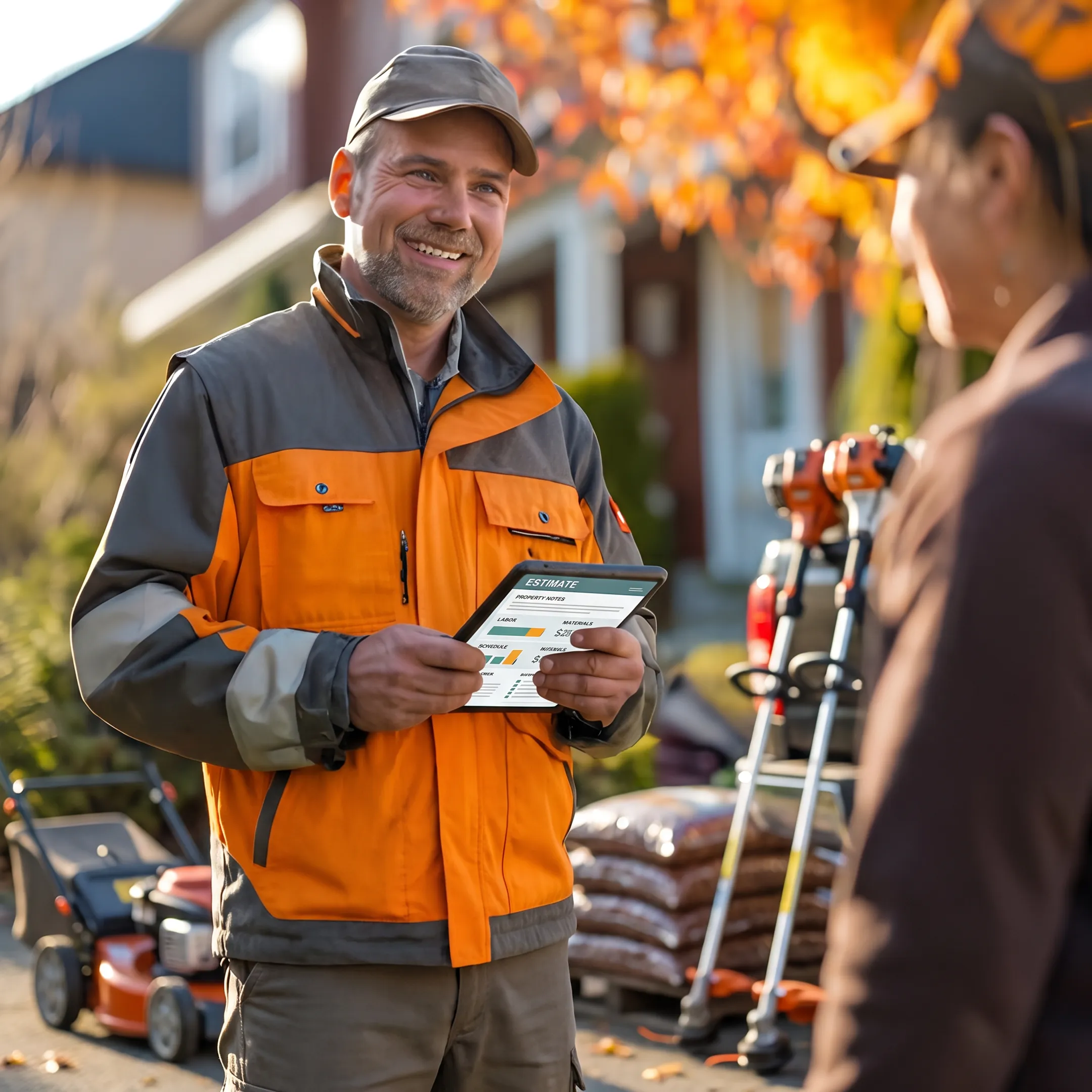 Landscaping team using software to review a project estimate