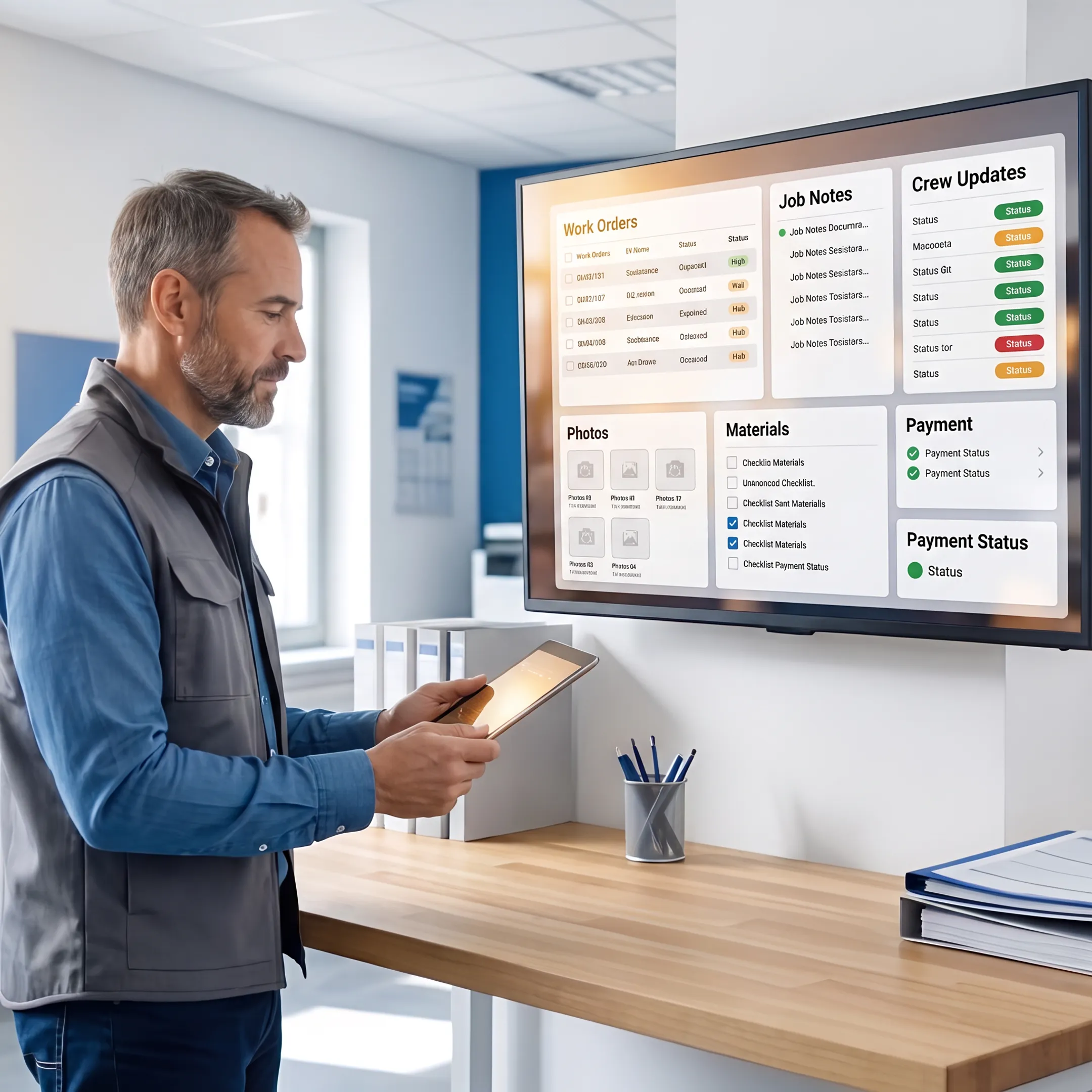 Field service manager reviewing digital work orders on a tablet