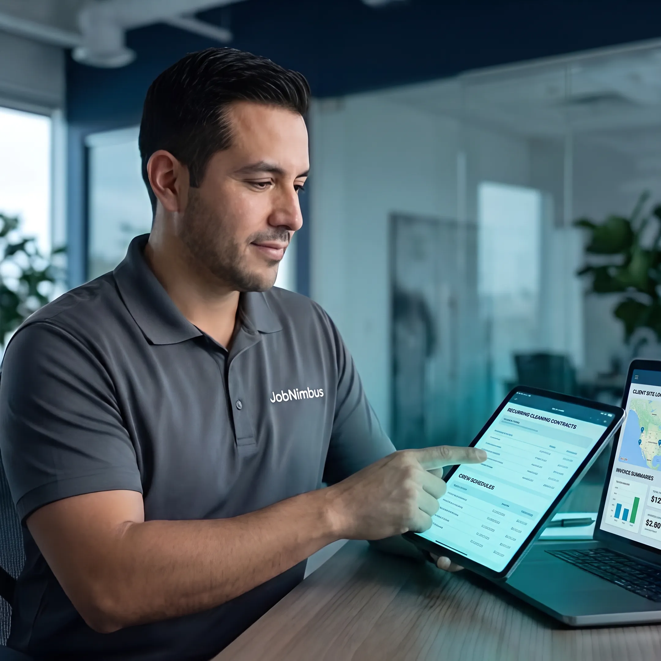Cleaning business manager reviewing contracts and crew schedules on software