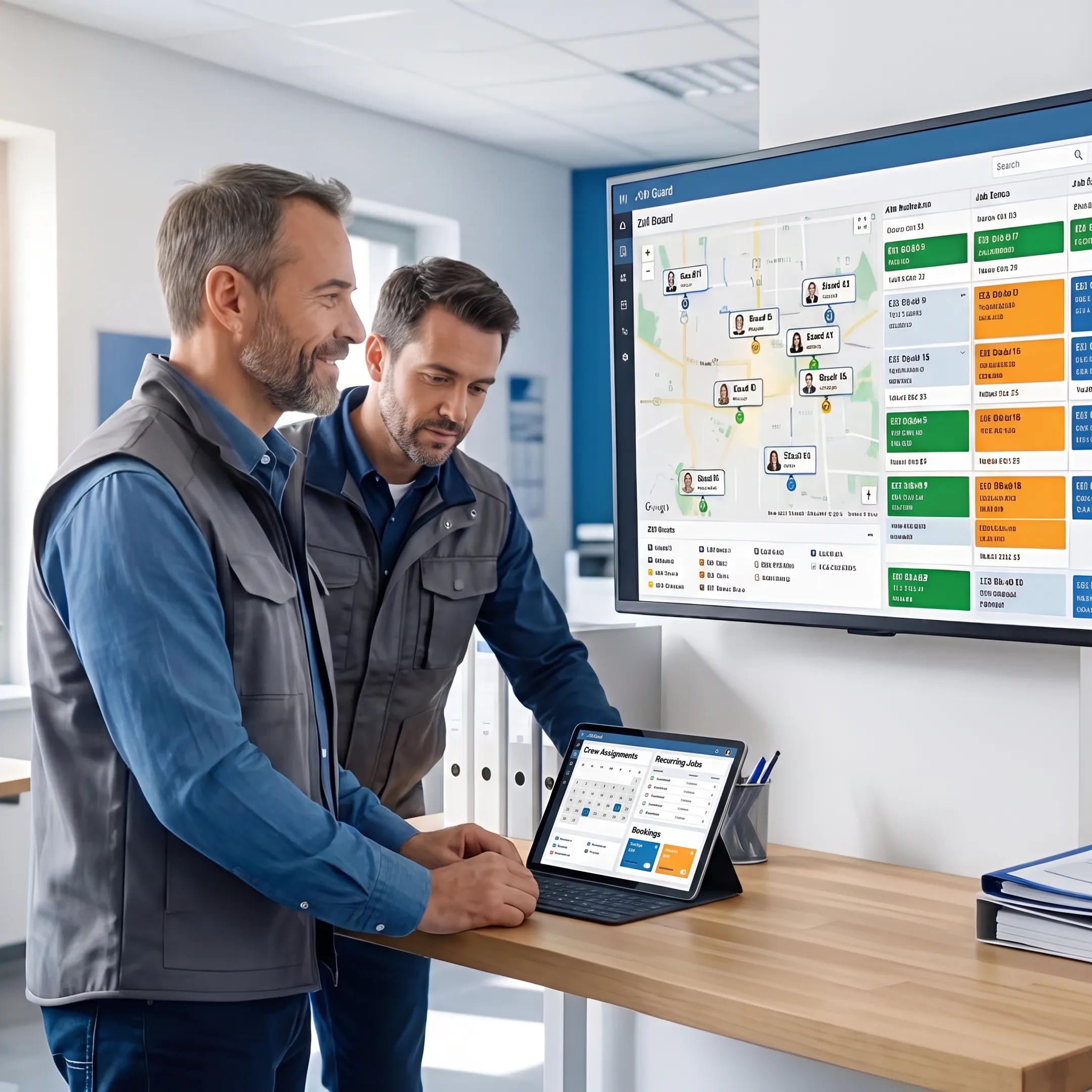 Service business team coordinating bookings and crew assignments in scheduling software