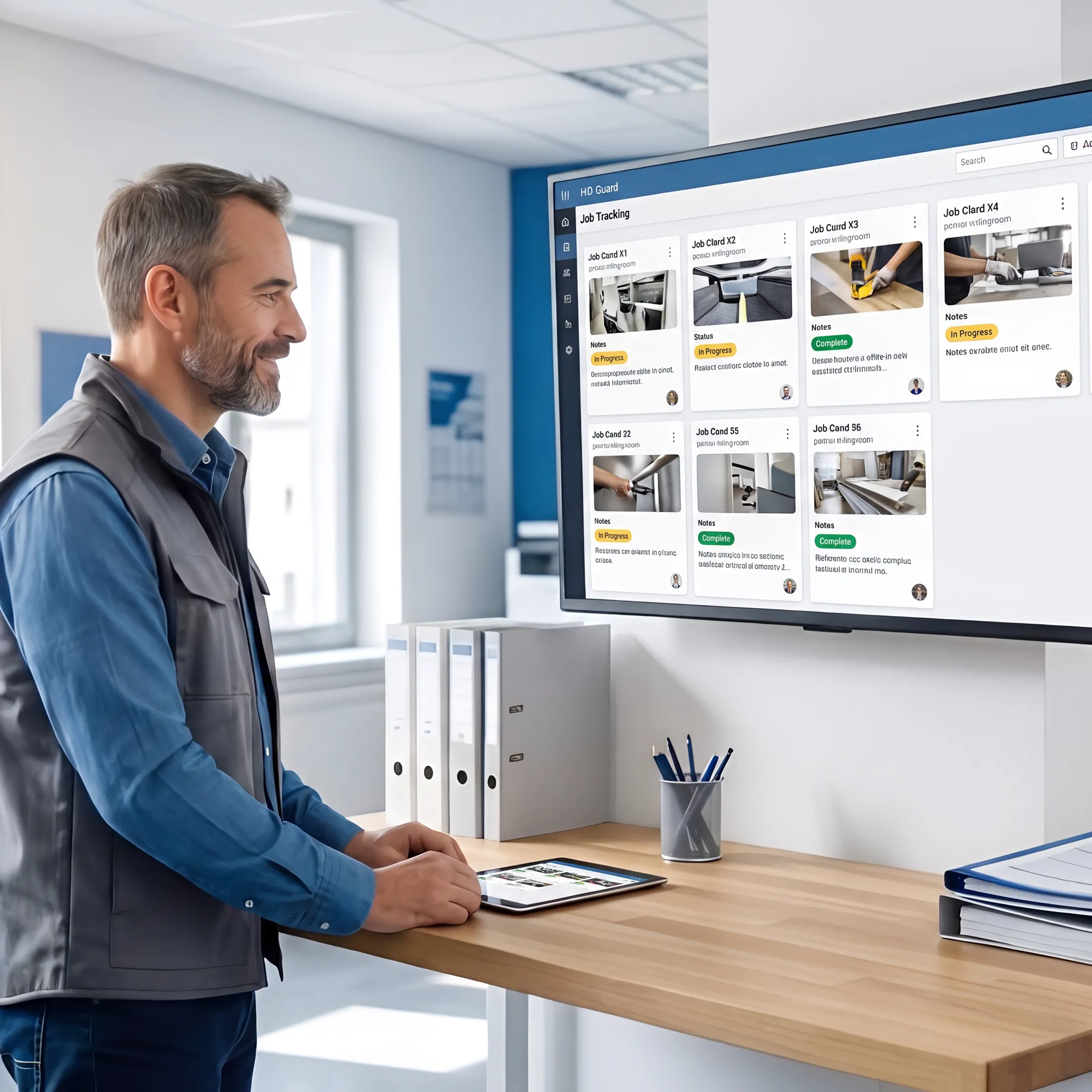 Field service manager reviewing job tracking software with crew updates