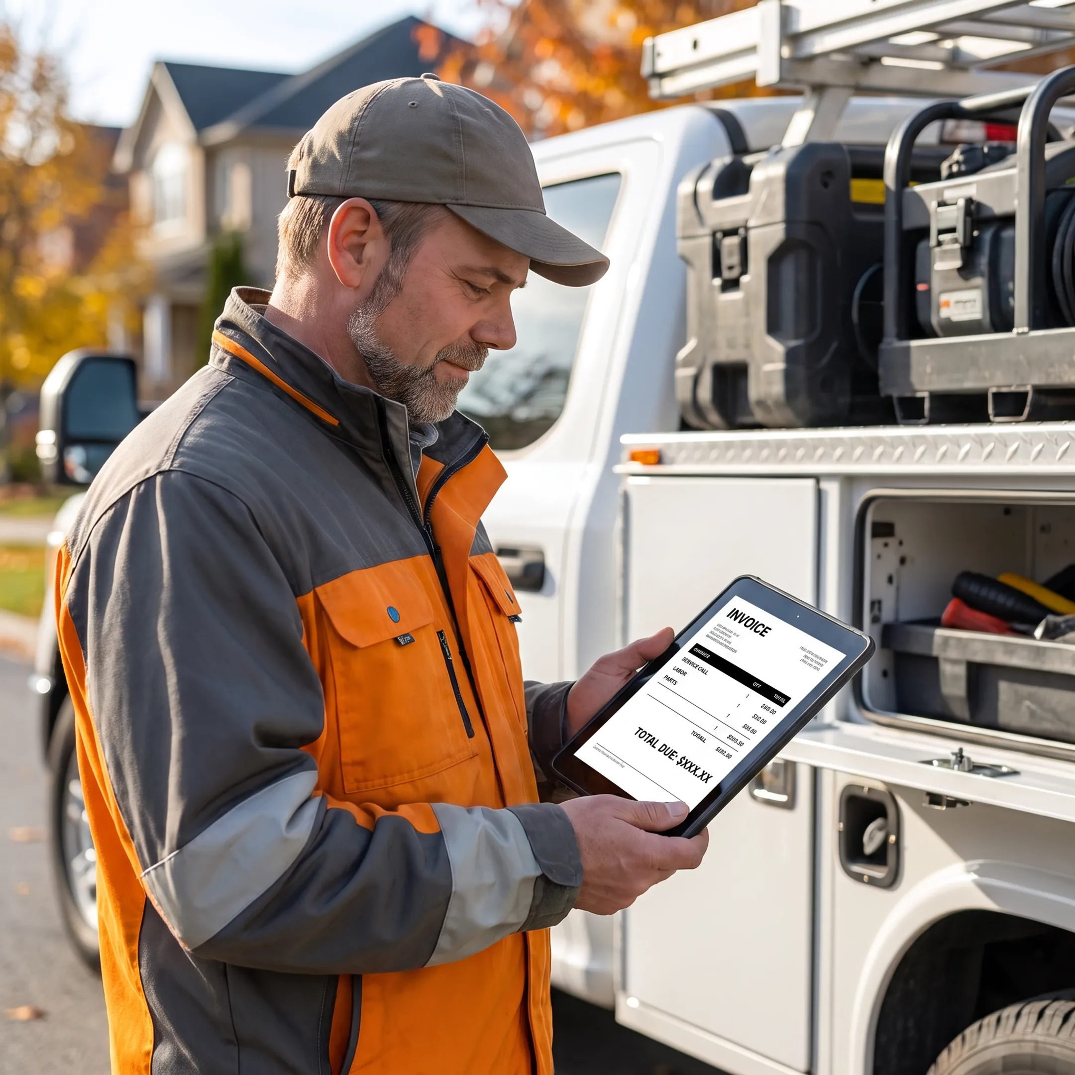 Field service professional creating an invoice on a mobile device