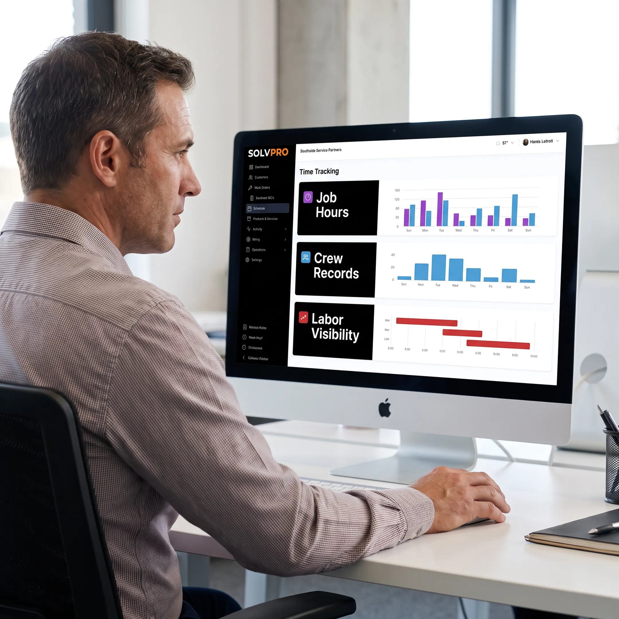 Mac time tracking software dashboard with job and crew labor records