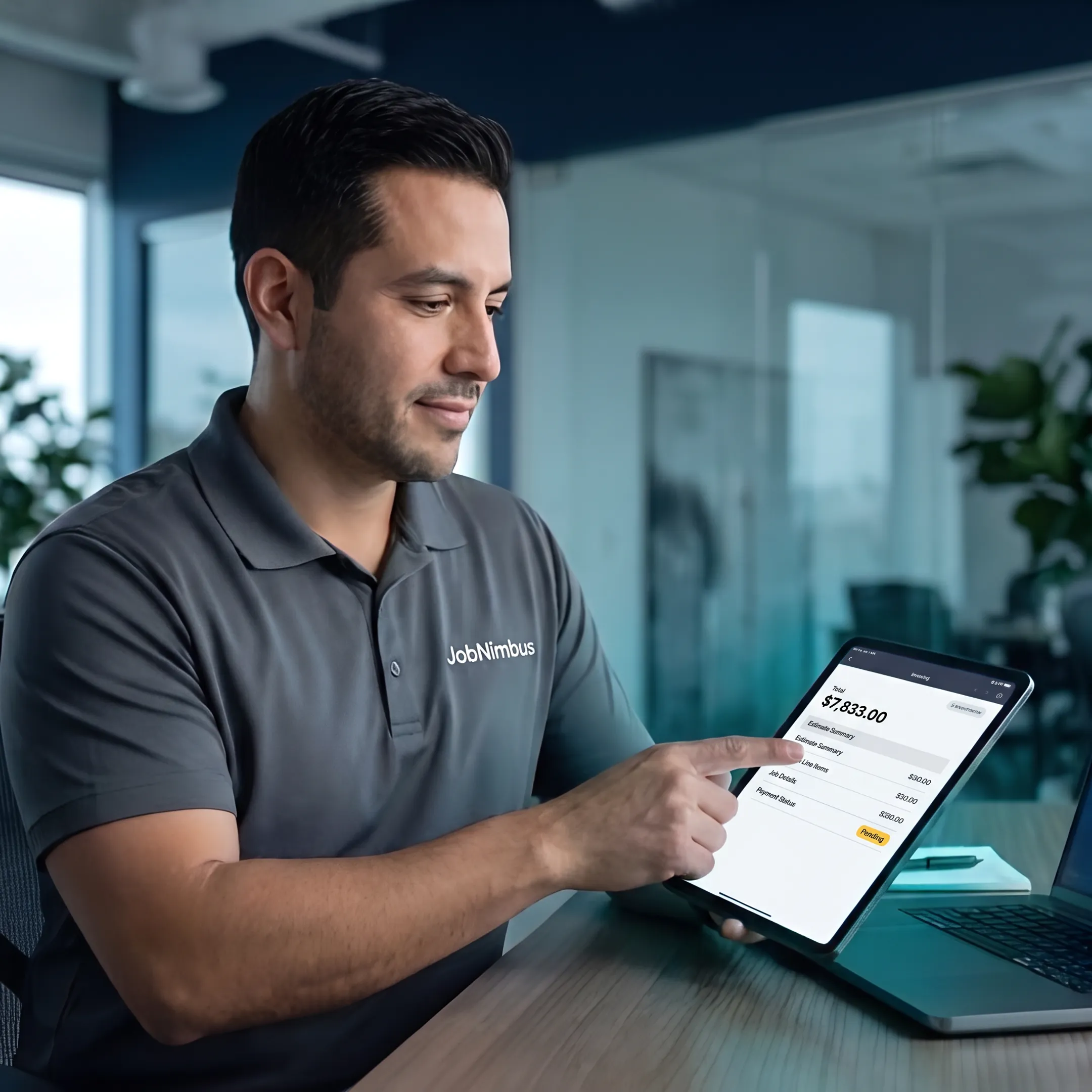 Small business owner reviewing a digital quote and invoice on a laptop