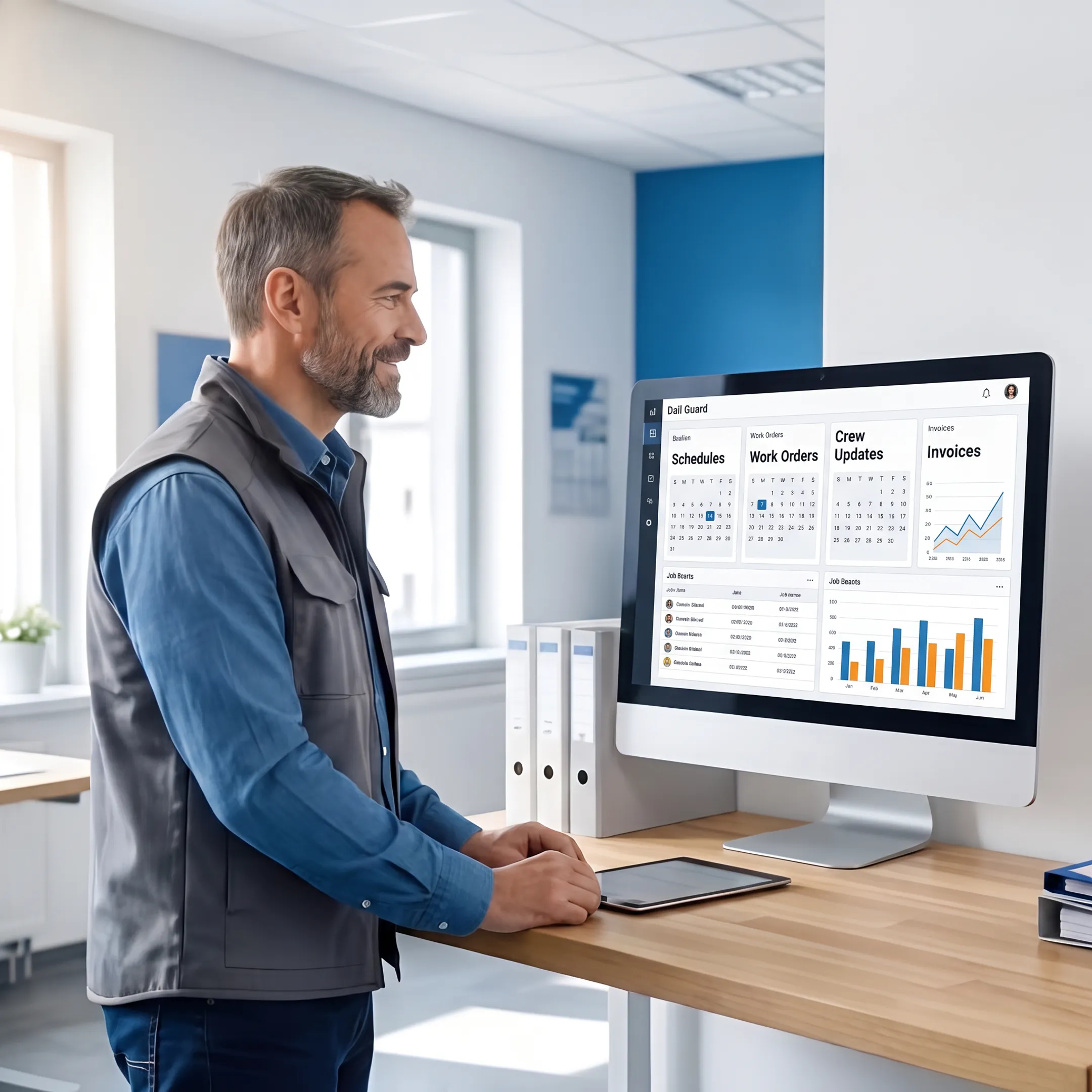 Office manager coordinating field crews through fieldwork software