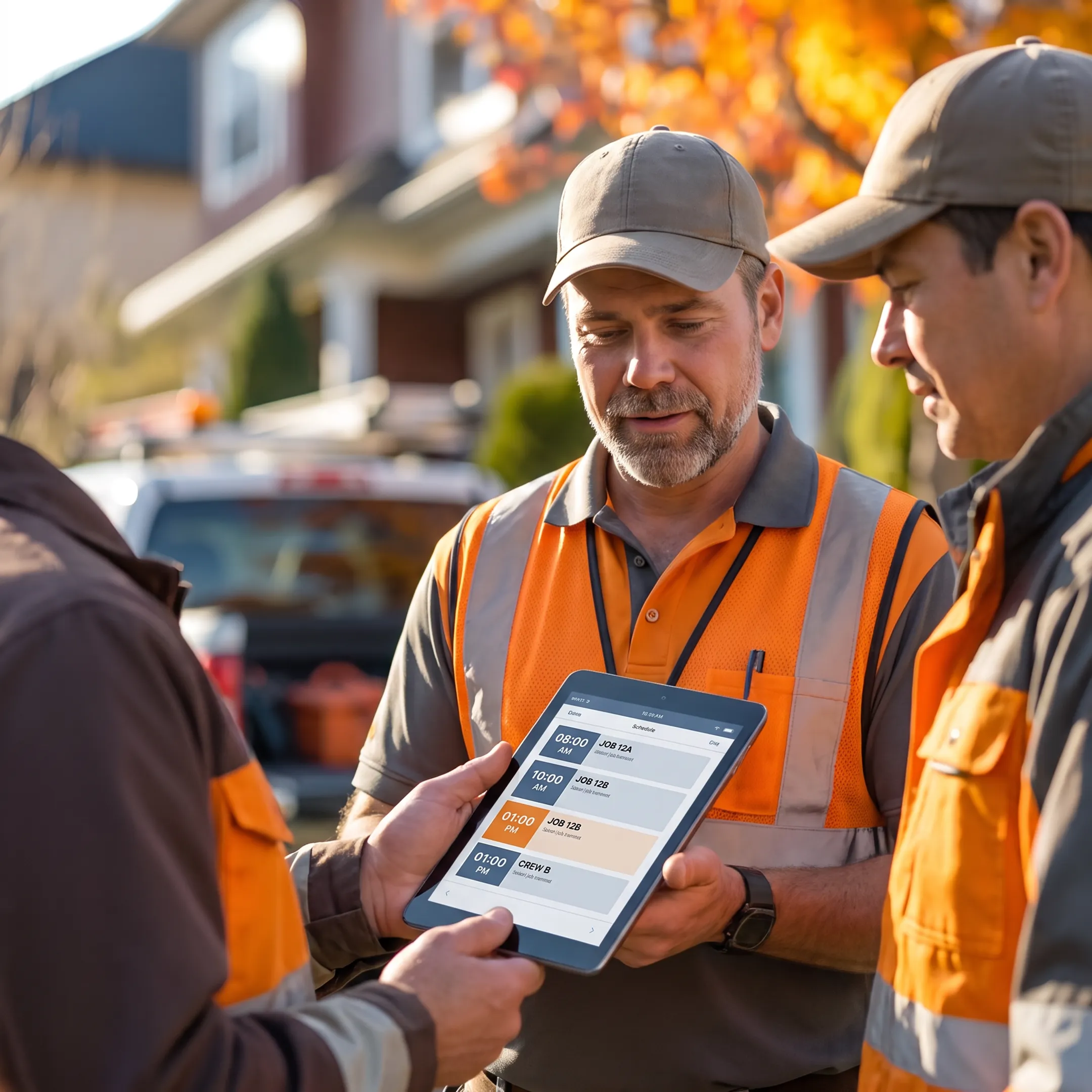 Field service manager reviewing jobs with crew using management software