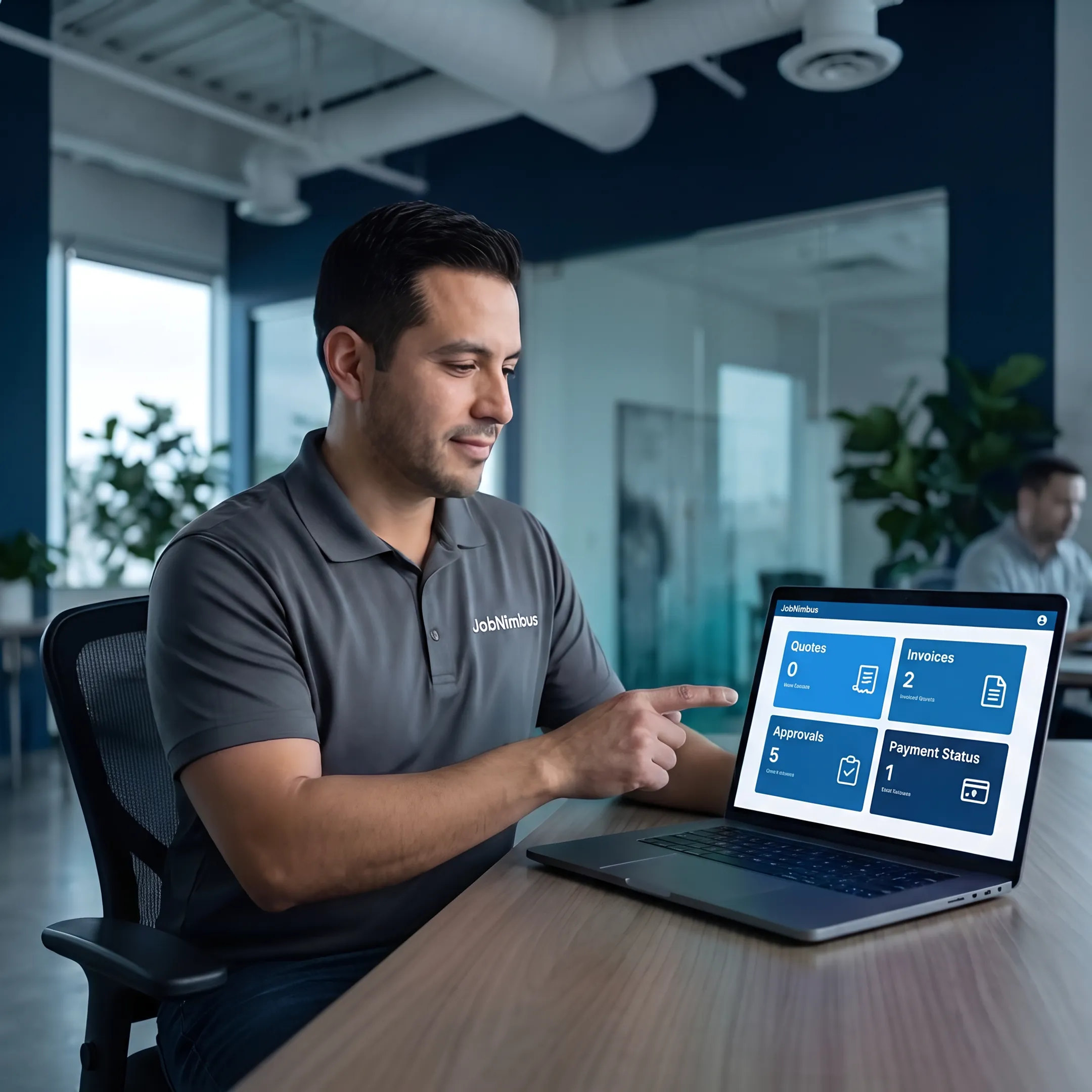 Service business owner reviewing a digital quote and invoice on a laptop