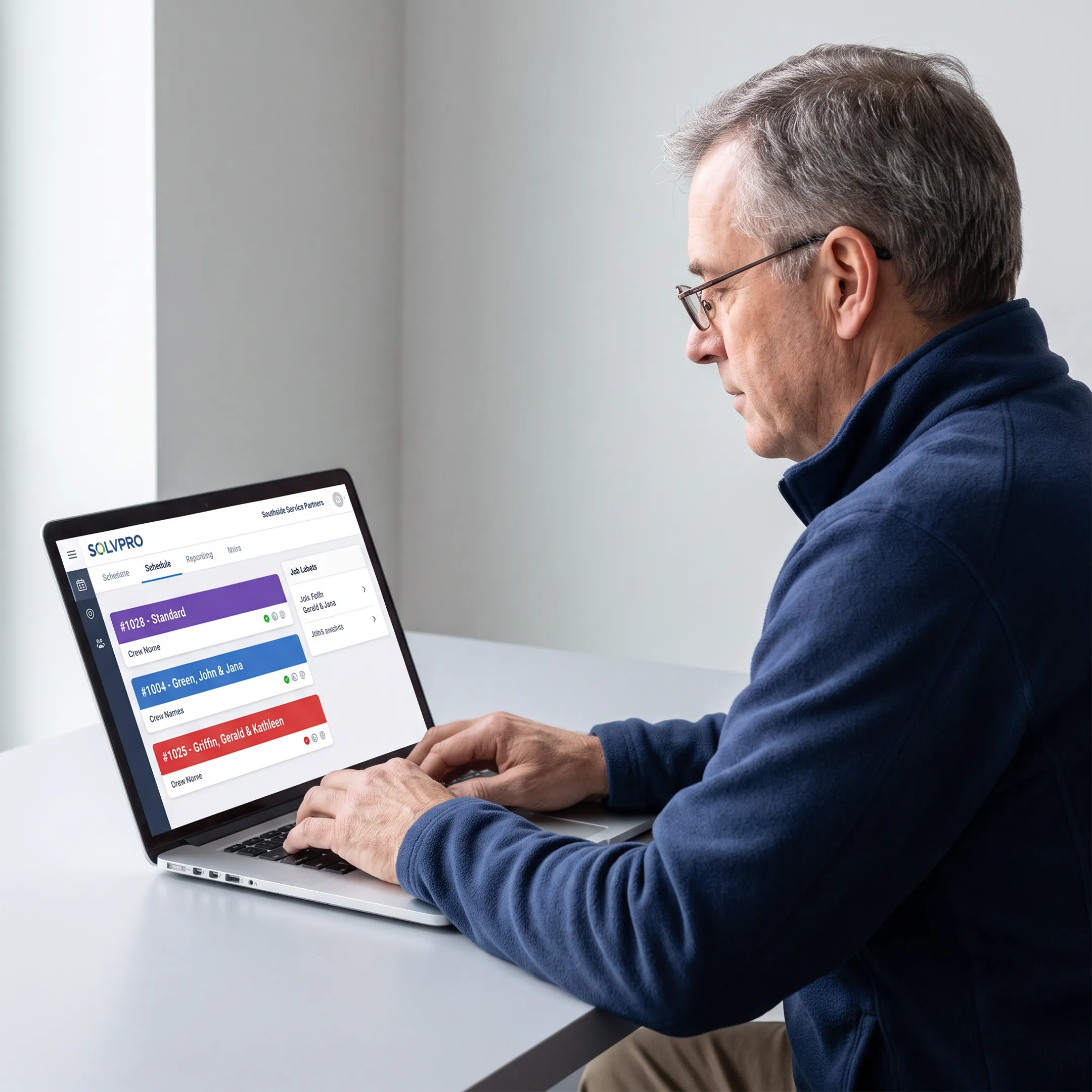 Field service manager reviewing a visual crew scheduling calendar