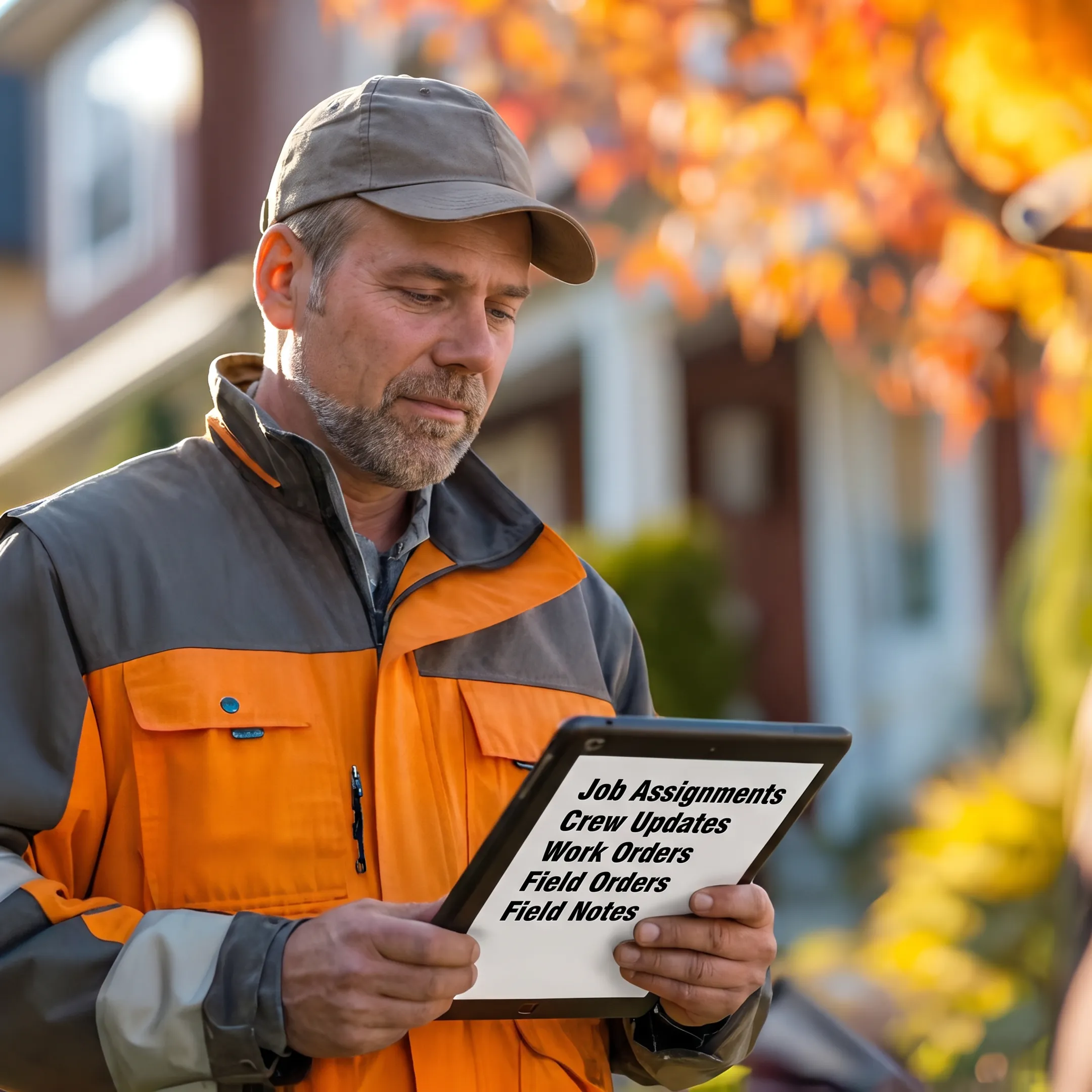 Foreman using a mobile field service app beside a work vehicle