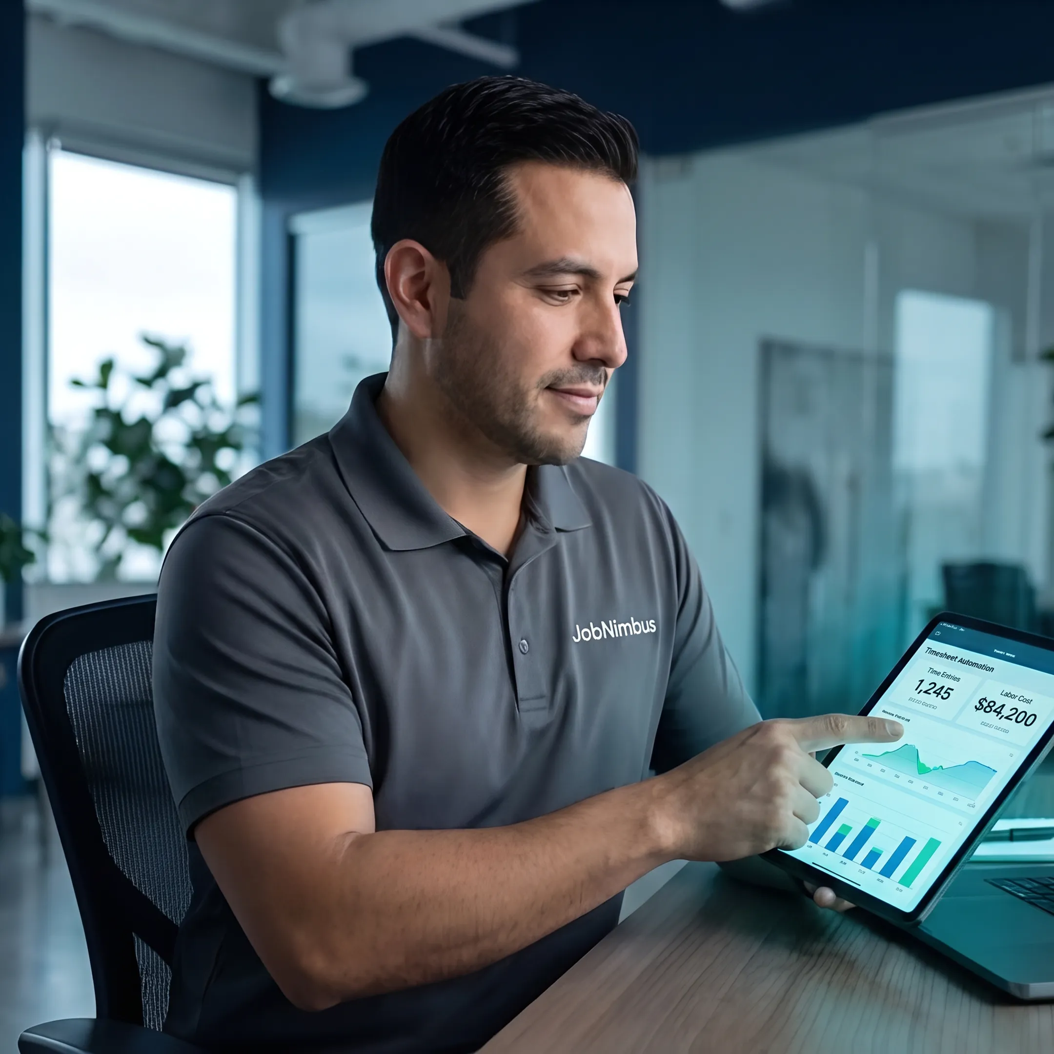Office manager reviewing automated timesheet data
