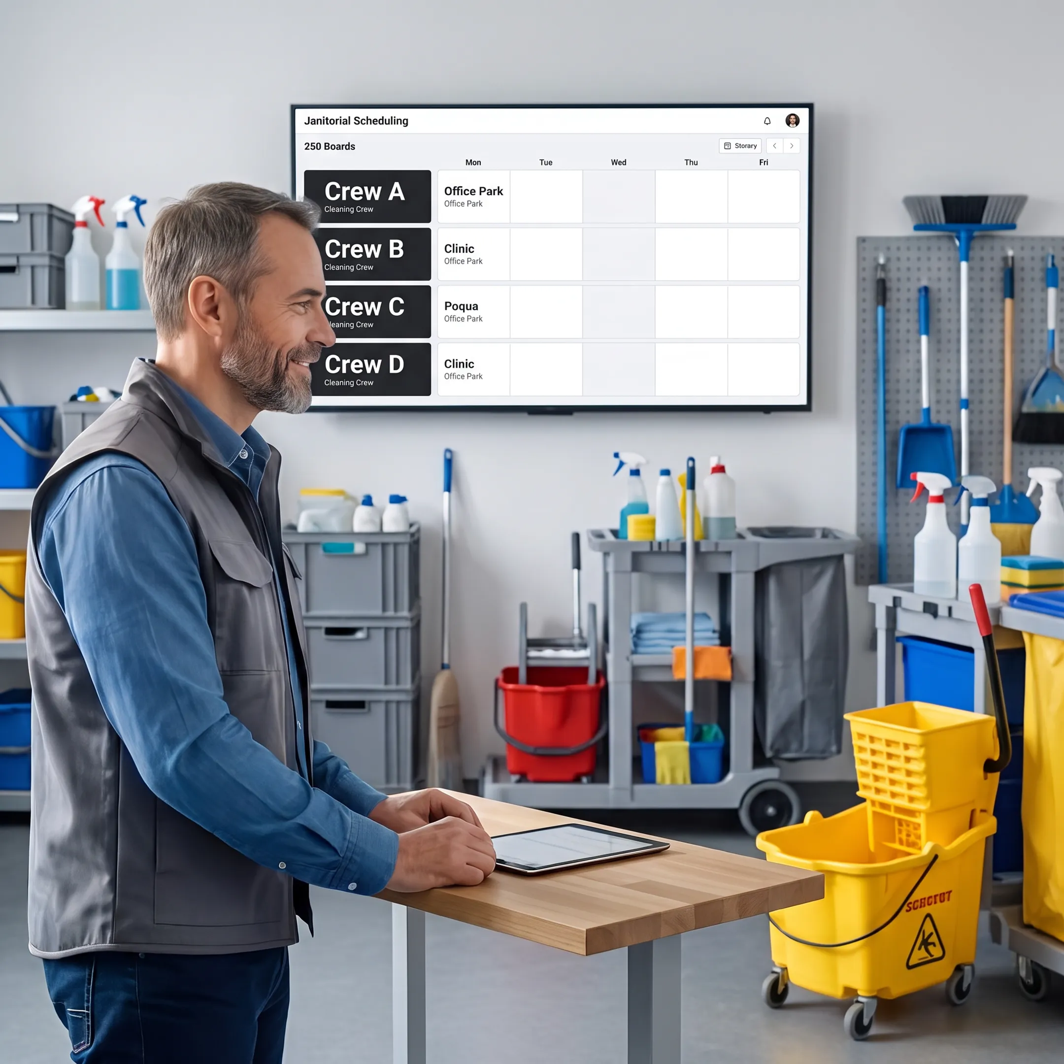 Cleaning manager reviewing schedules and crew activity on software dashboard