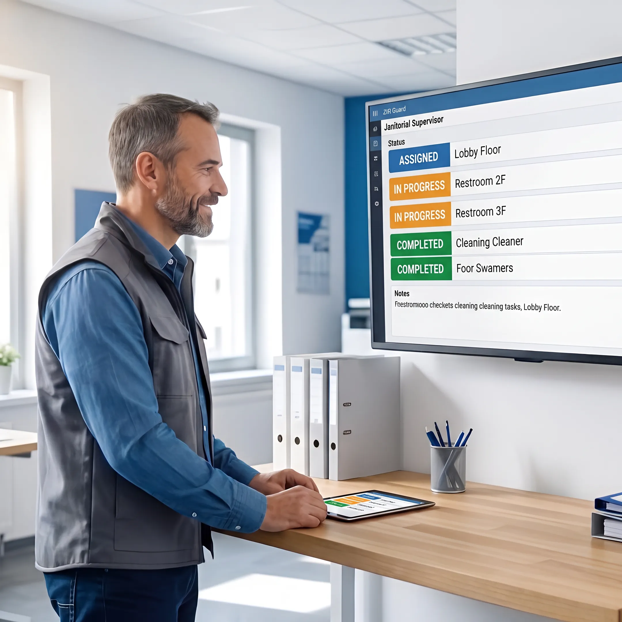Janitorial supervisor using mobile cleaning management software