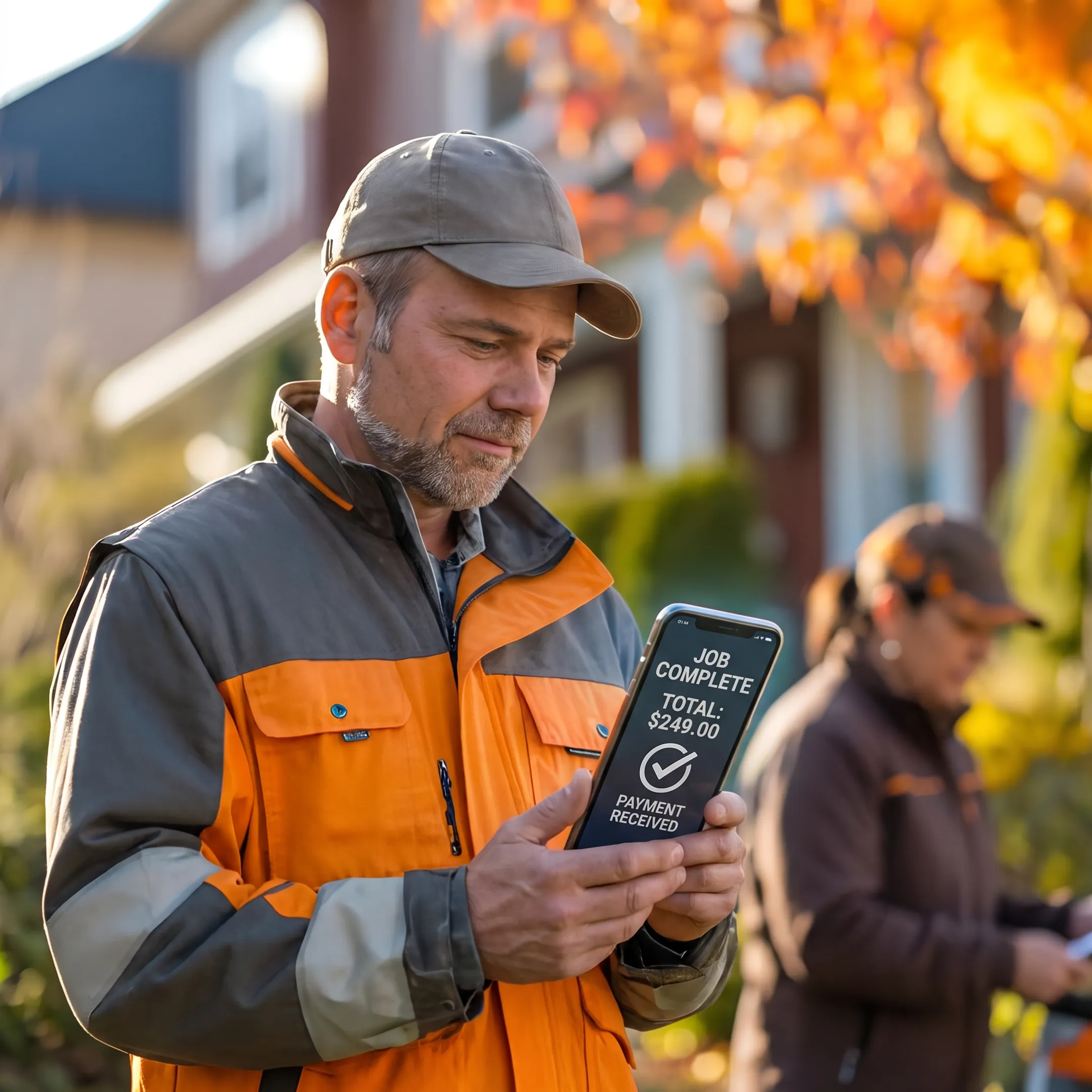 Field service professional sending an invoice from a smartphone
