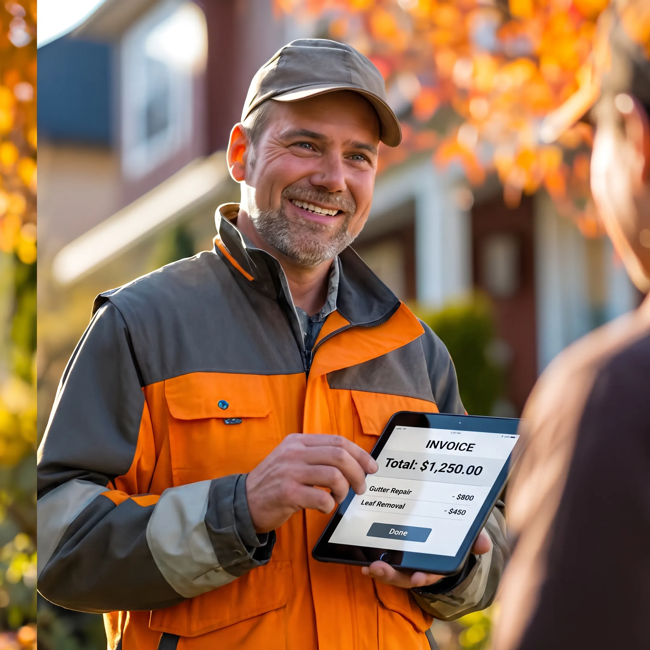 Contractor creating an invoice on a mobile device at a job site