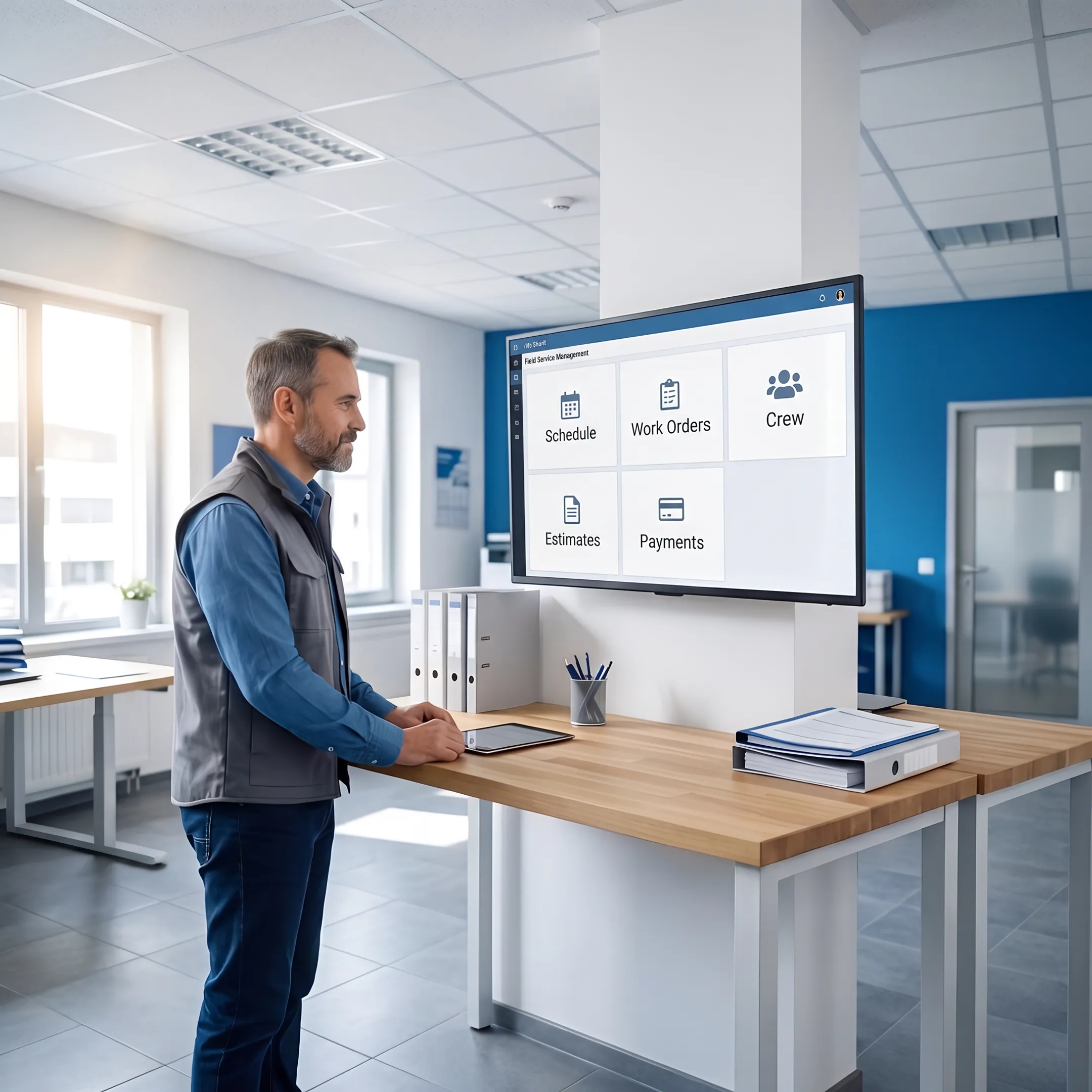 Field service manager reviewing home service software dashboard