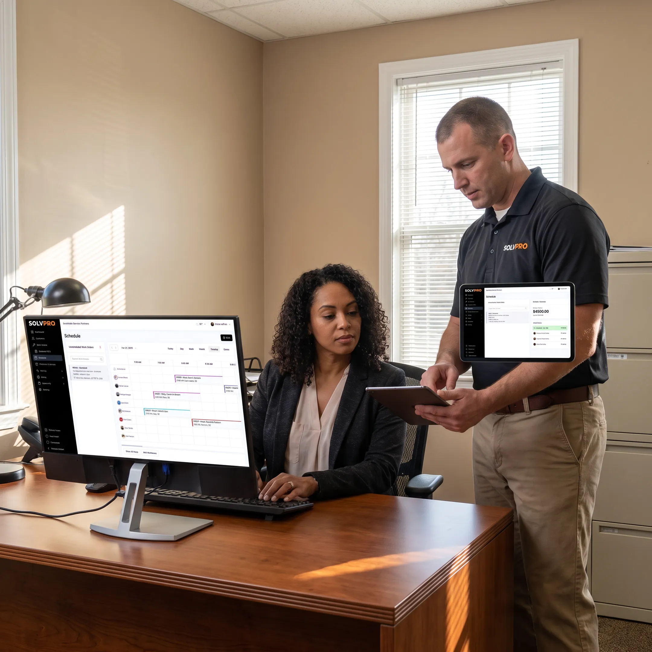 Service business team coordinating jobs with field management software