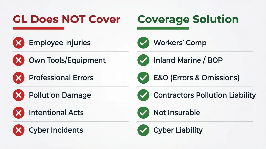 Contractor general liability exclusions and corresponding coverage gap solutions
