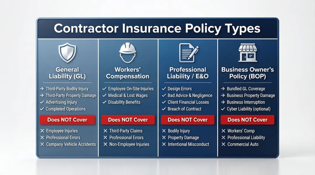 Four contractor insurance policy types comparison chart with coverage differences