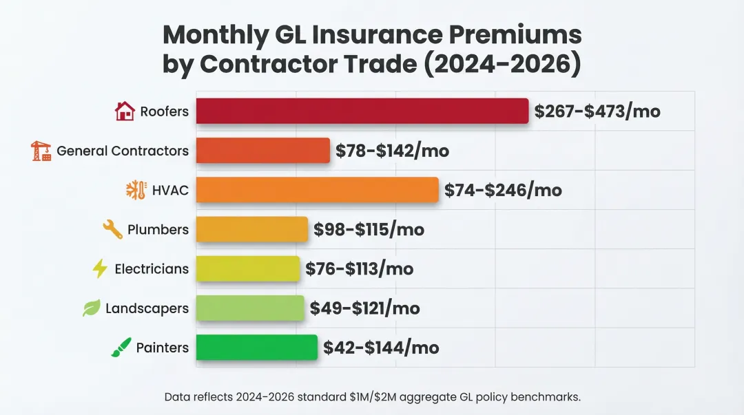 Contractor general liability insurance premium benchmarks by trade 2024 bar chart