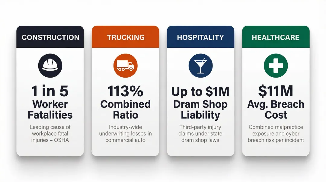 High-risk industries comparison infographic showing construction trucking hospitality and healthcare exposures