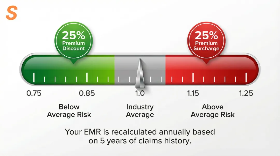 Experience modification rate EMR scale showing premium impact from 0.75 to 1.25