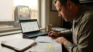 Box truck operator reviewing commercial insurance policy documents at office desk
