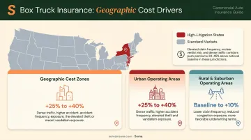 Box truck insurance cost factors by state and urban zip code geographic breakdown