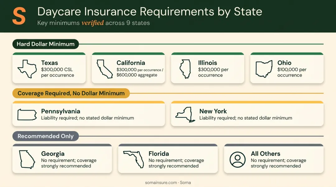 State daycare insurance requirements comparison chart showing mandatory minimums by state