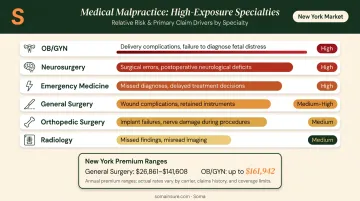 High-risk medical specialty malpractice exposure comparison chart by claim driver and premium range