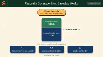 Commercial umbrella insurance layering mechanism showing GL and umbrella policy coverage stack