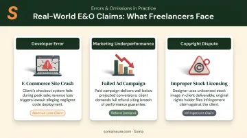 Three common freelancer E&O insurance claim scenarios illustrated side by side