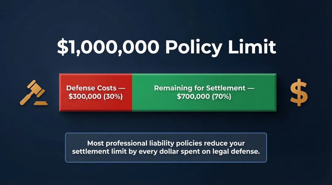 Professional liability policy limit erosion showing defense costs reducing settlement availability