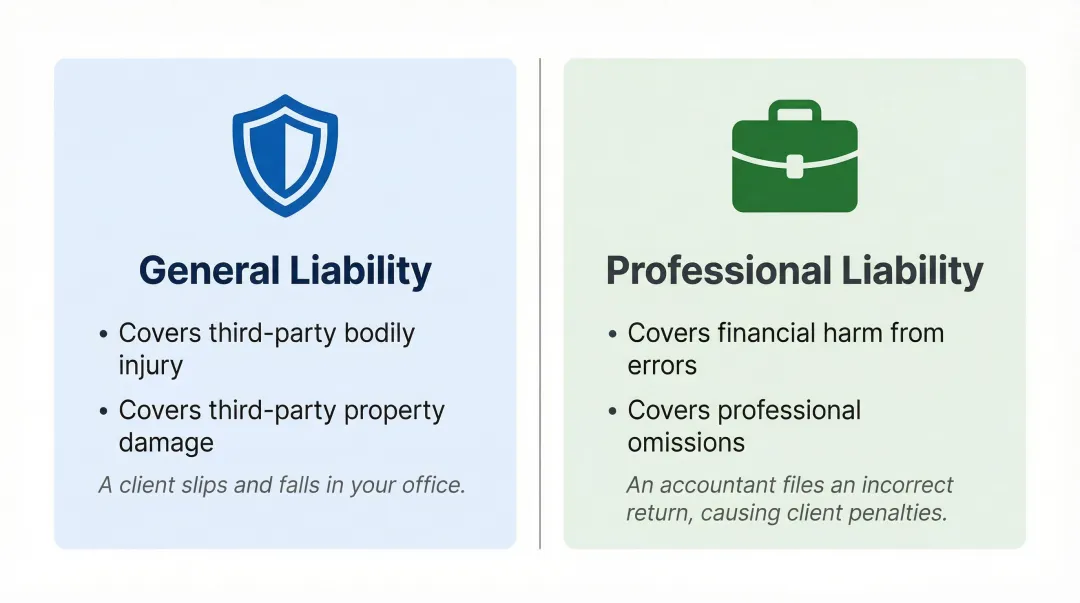 General liability versus professional liability insurance side-by-side coverage comparison